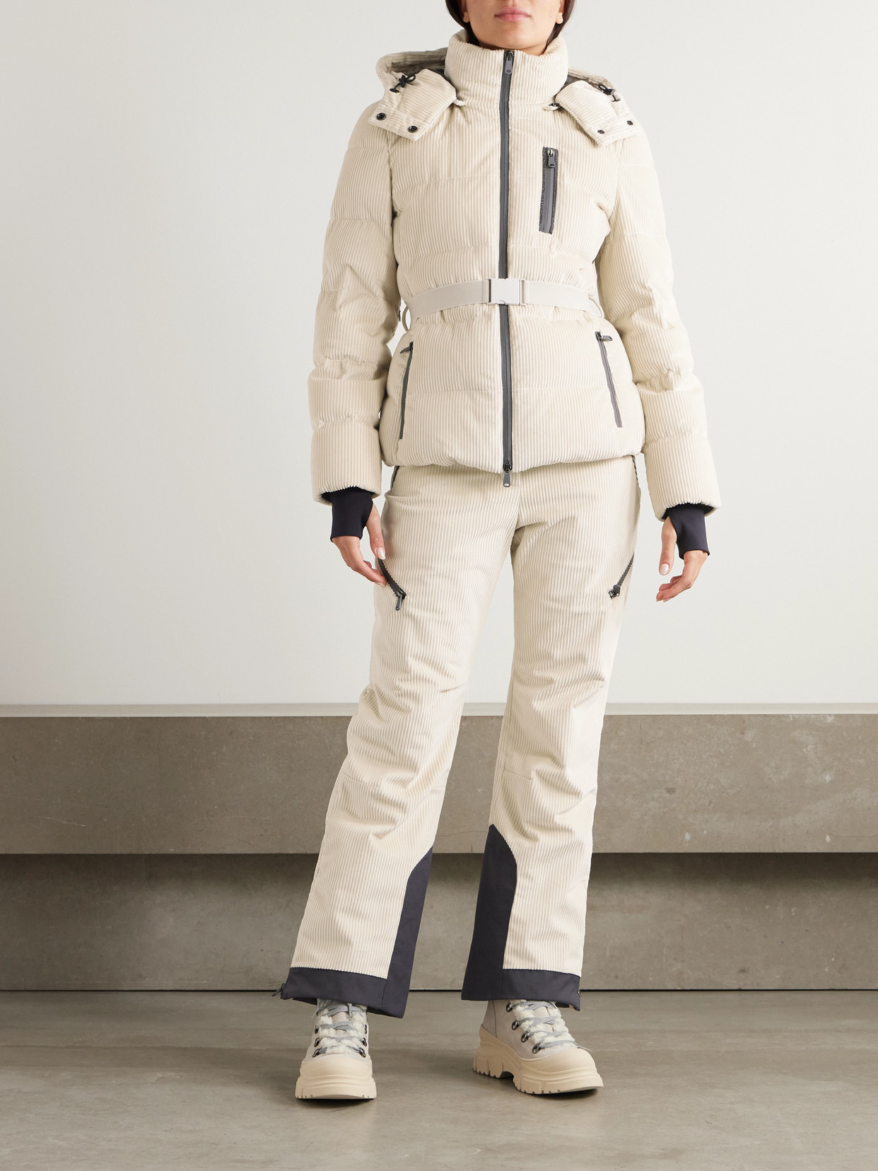 Hooded Belted Bead-embellished Ribbed Cotton-velvet Ski Jacket - 2