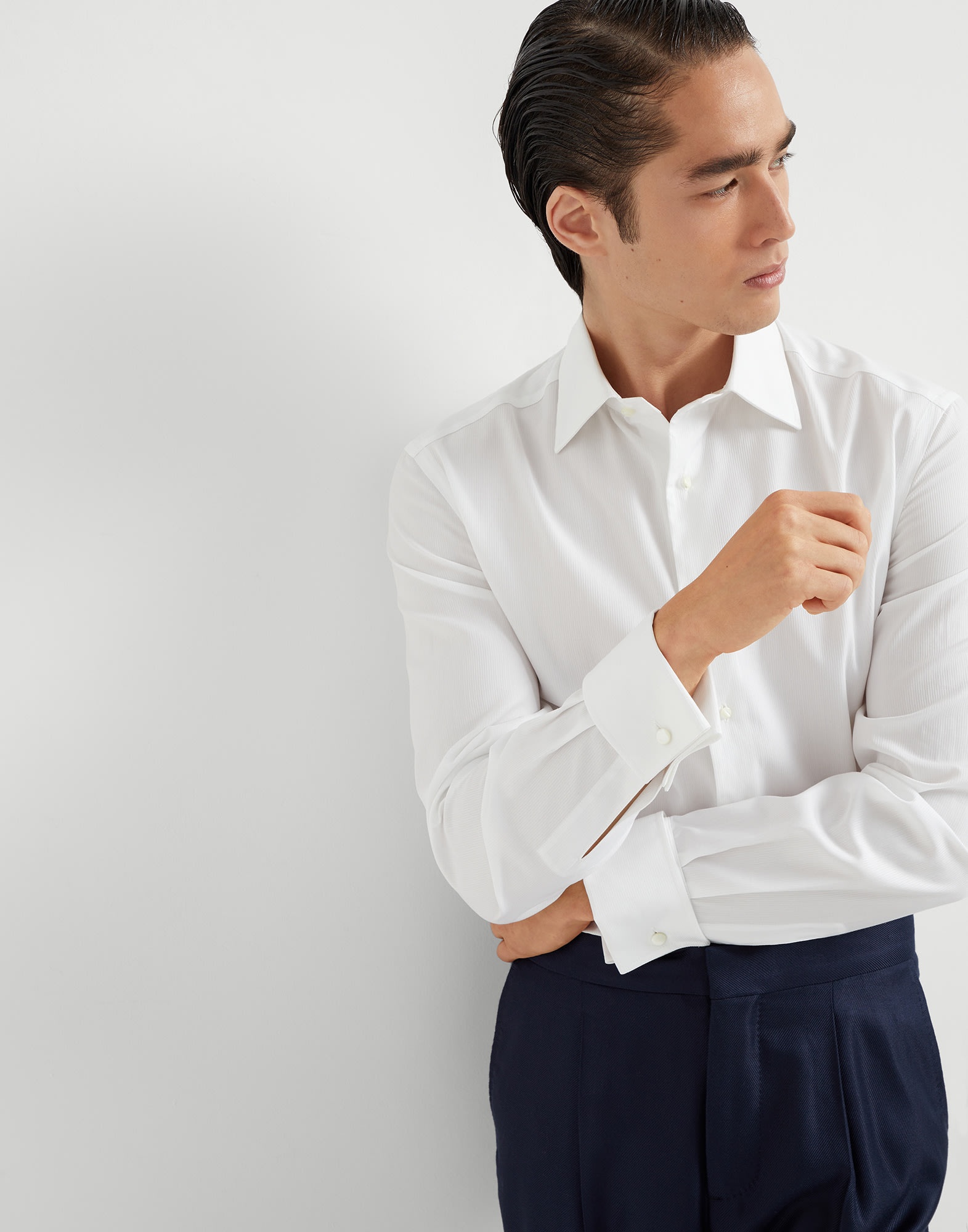 Tone-on-tone pinstripe twill slim fit tuxedo shirt with spread collar - 4