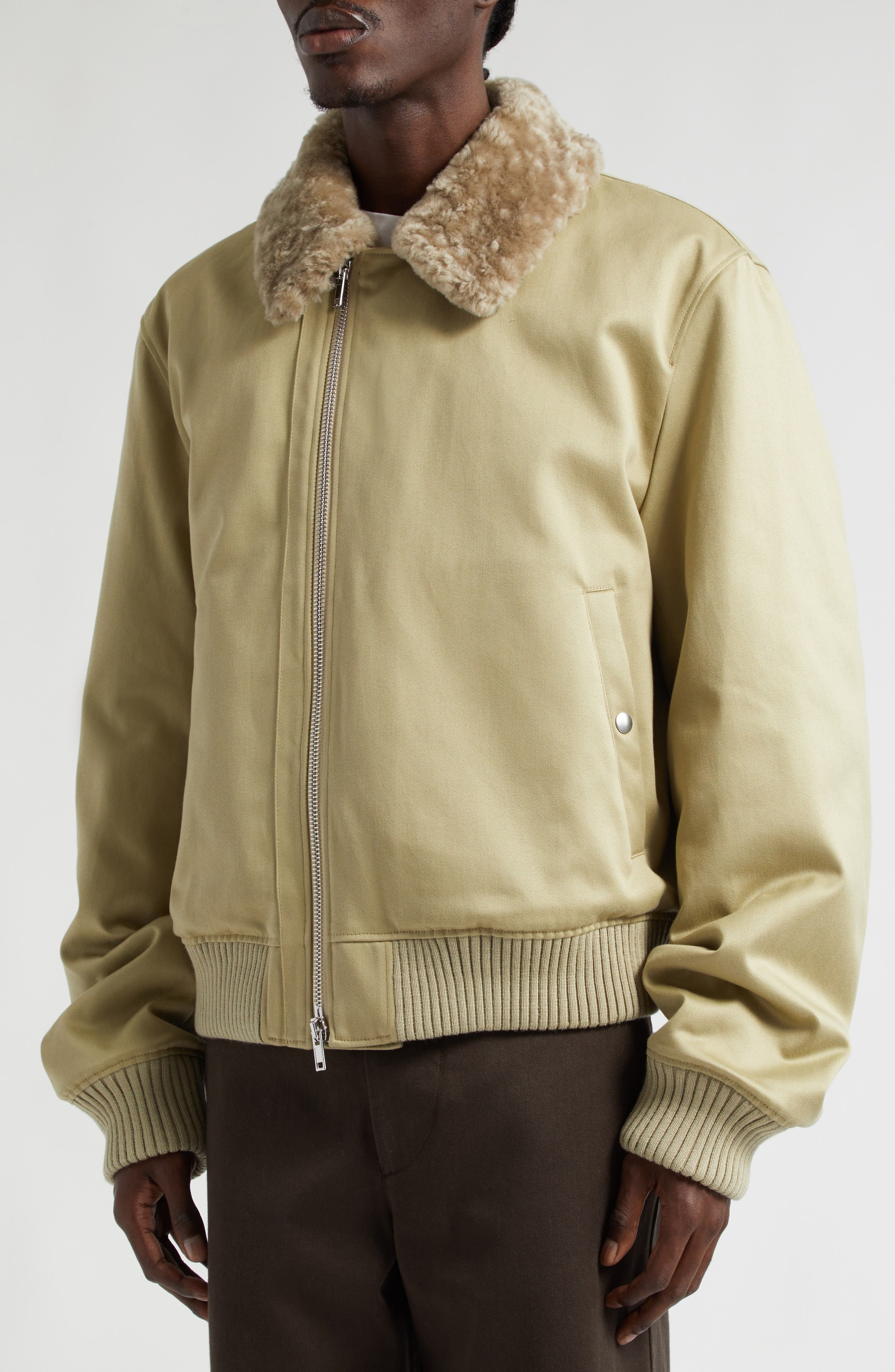 burberry Cotton Sateen Bomber Jacket with Genuine Shearling Collar in Hunter at Nordstrom - 4