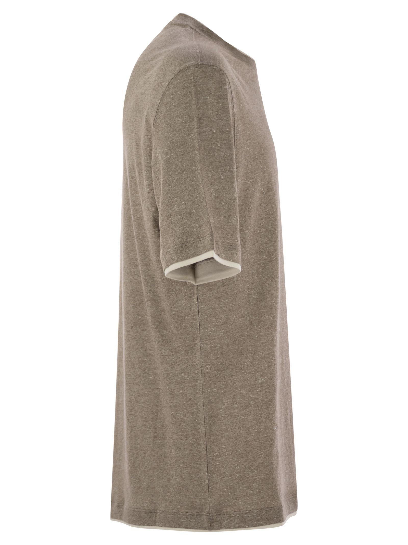 Brunello Cucinelli Men Crew-Neck T-Shirt In Linen And Cotton Jersey With Faux Layering - 3