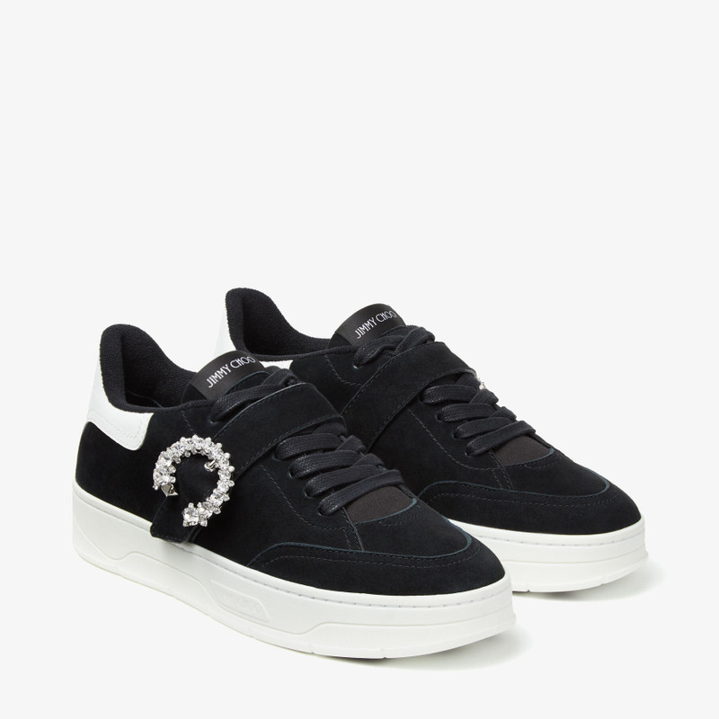 Osaka Lace Up Black Suede and White Calf Leather Low Top Trainers with Crystal Buckle 3