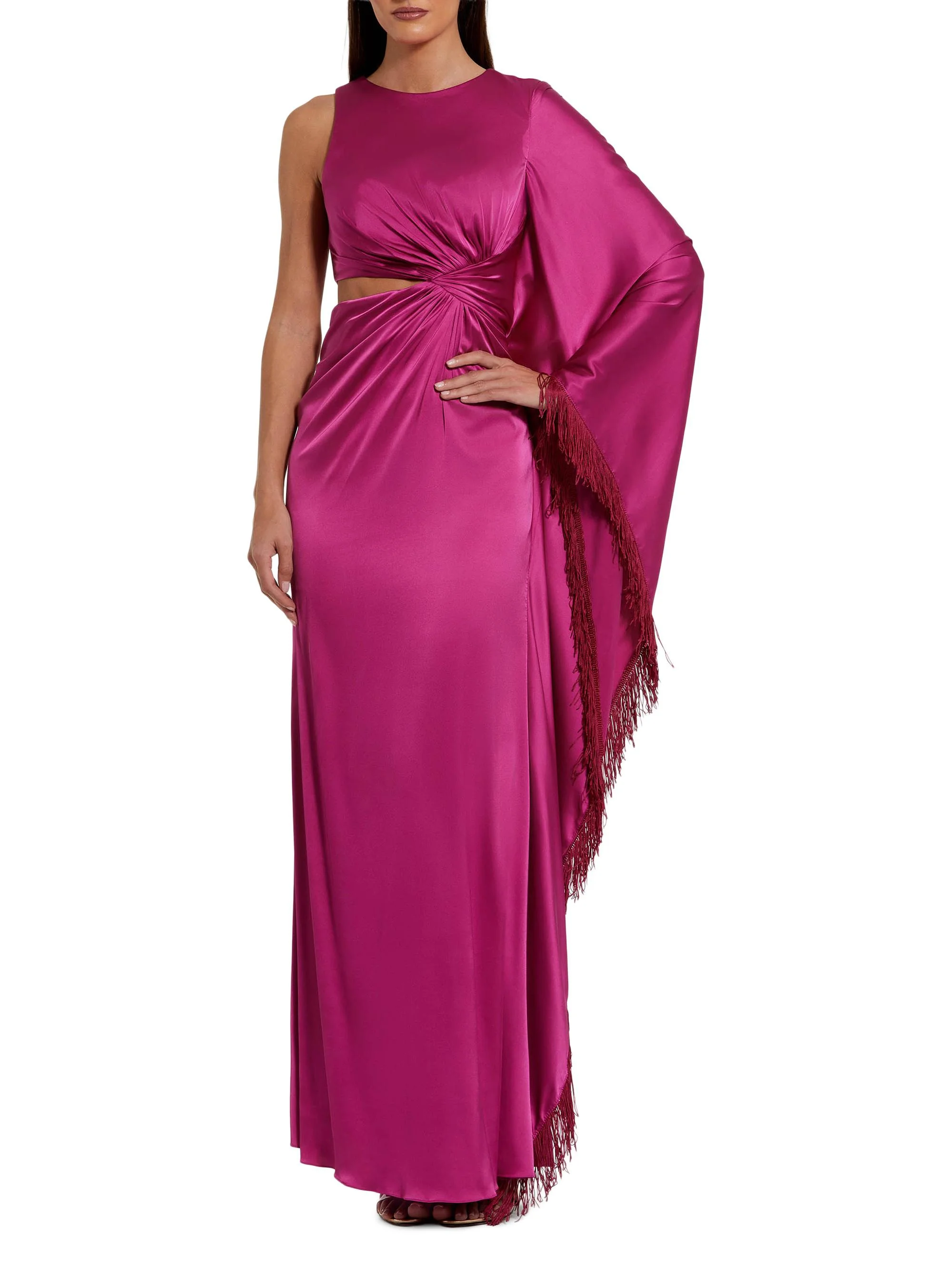 Women's Charmeuse Asymmetric Fringe Cut-Out Gown - Magenta - 1
