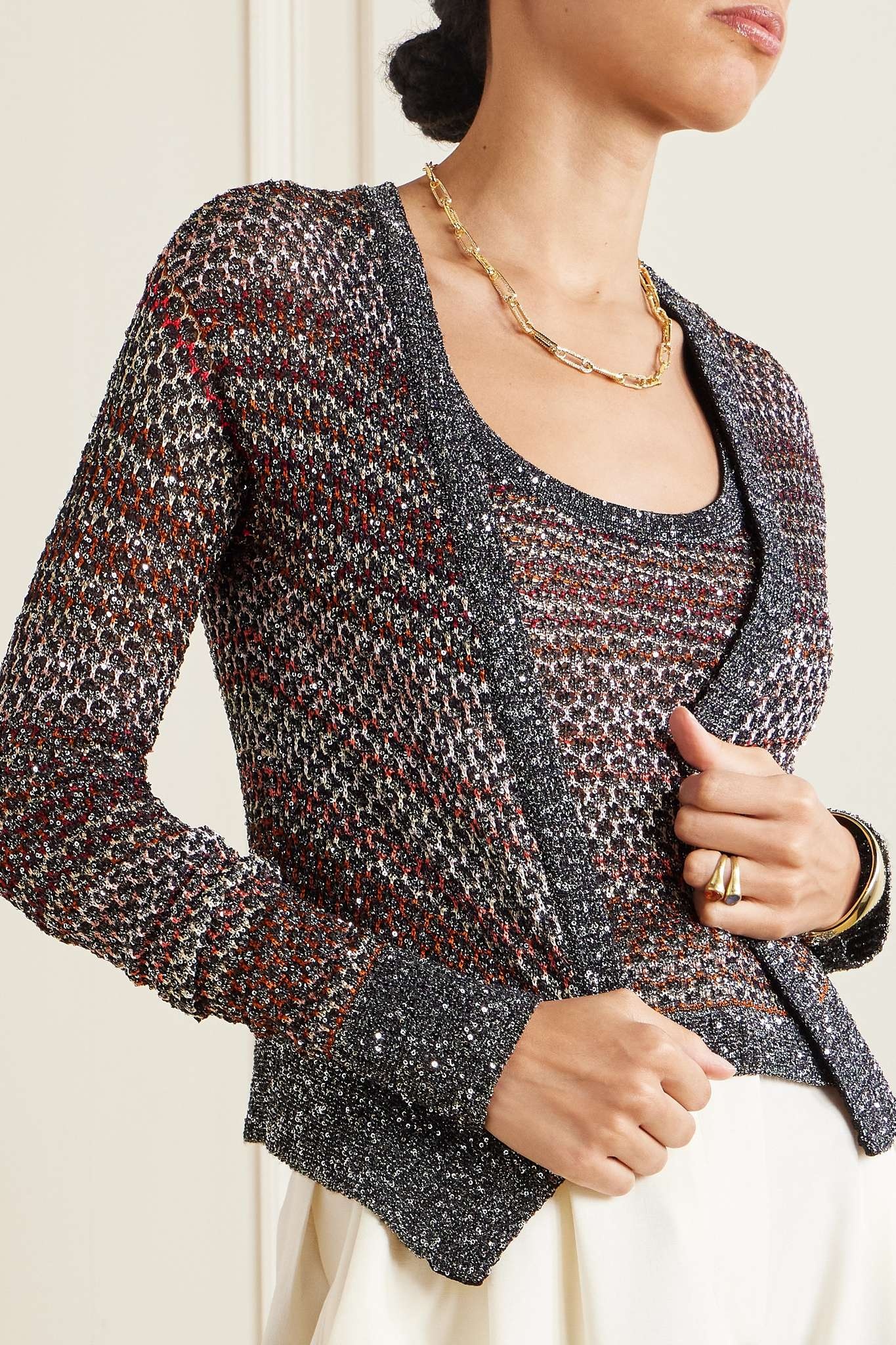 Striped sequined metallic crochet-knit cardigan - 3