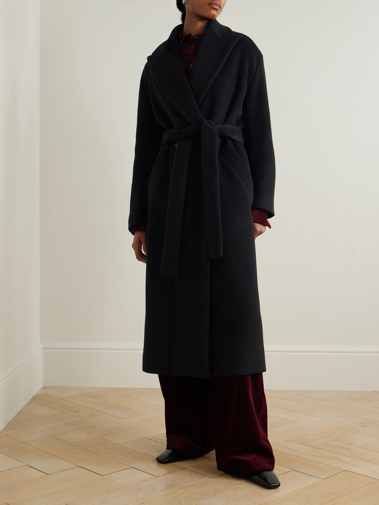 Belted double-breasted wool coat Black - 3