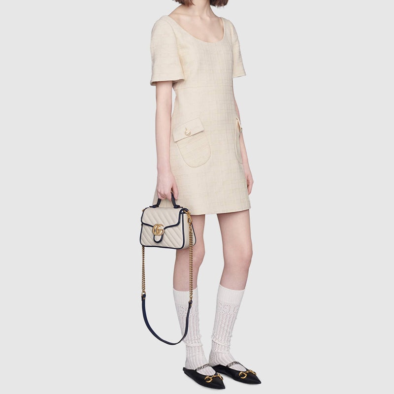 (WMNS) Gucci GG Marmont Gold Logo Colorblock Leather Chain handbag Mini White / Blue Retro 583571-0O - 4
