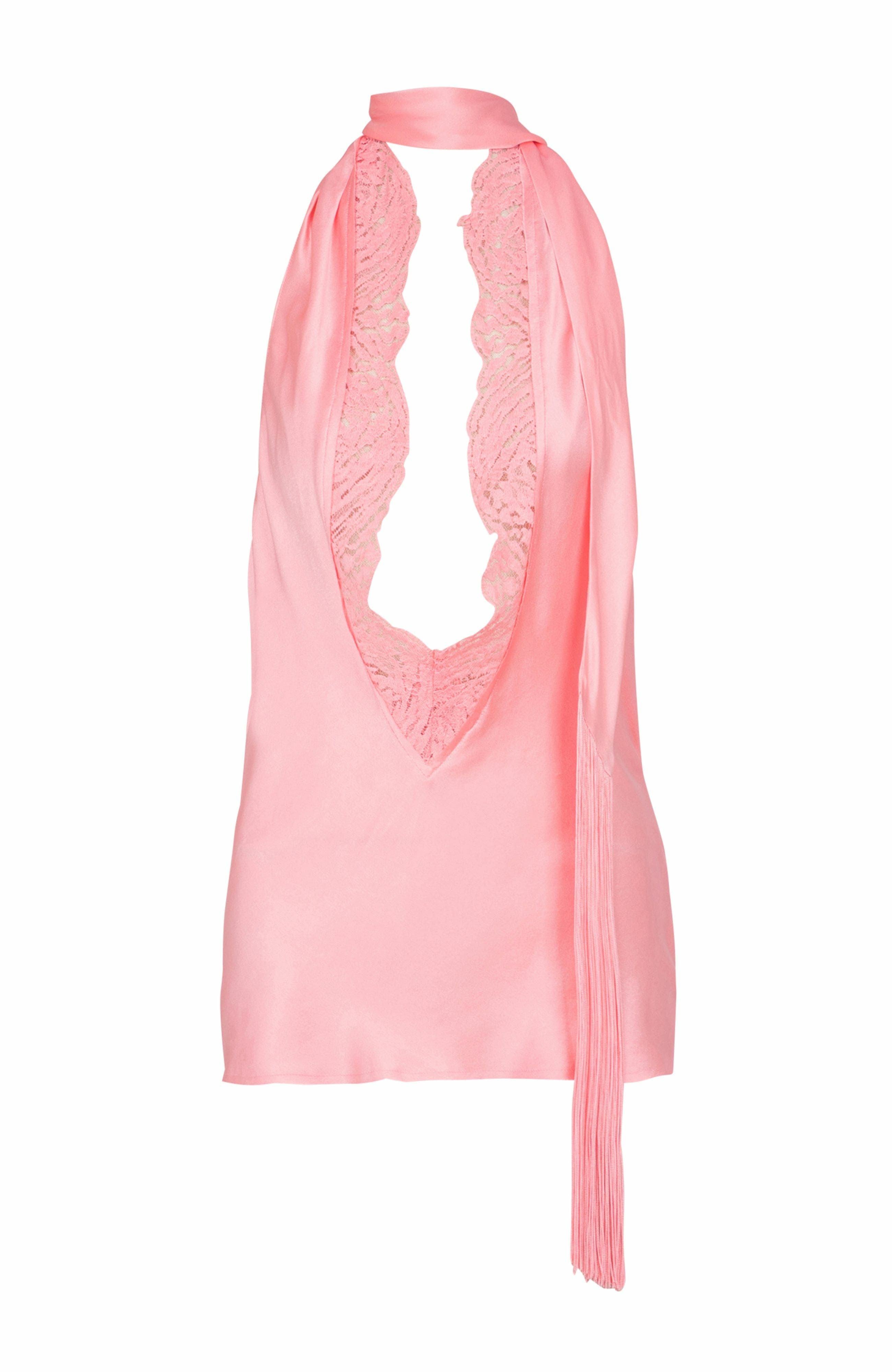 Balmain Backless crepe satin top with fringe in Pink at Nordstrom - 5