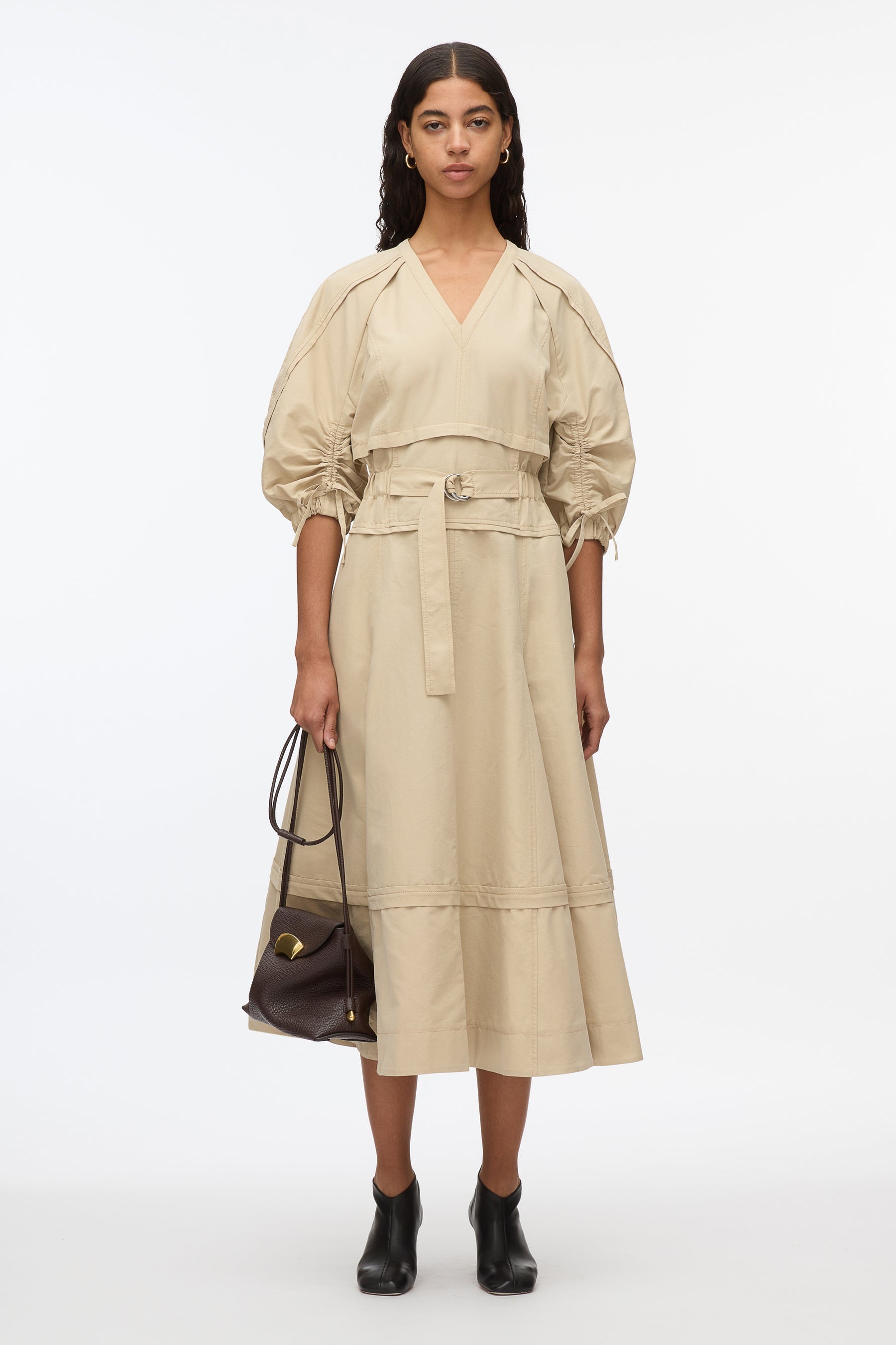 V-Neck Dress with Gathered Sleeves - 1