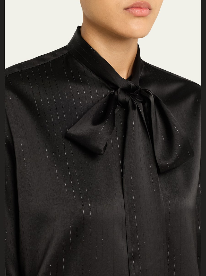 LaQuan Smith Bow-Neck Metallic Pinstripe Satin Blouse outlook