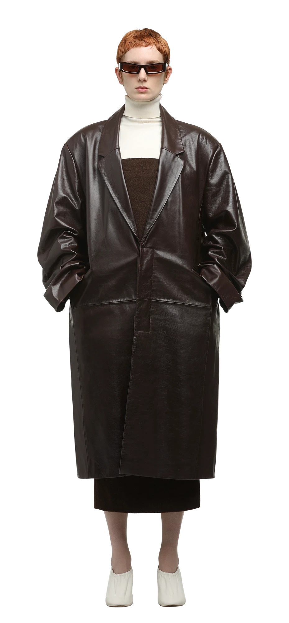 SINGLE BREASTED LEATHER COAT DARK BROWN - 3