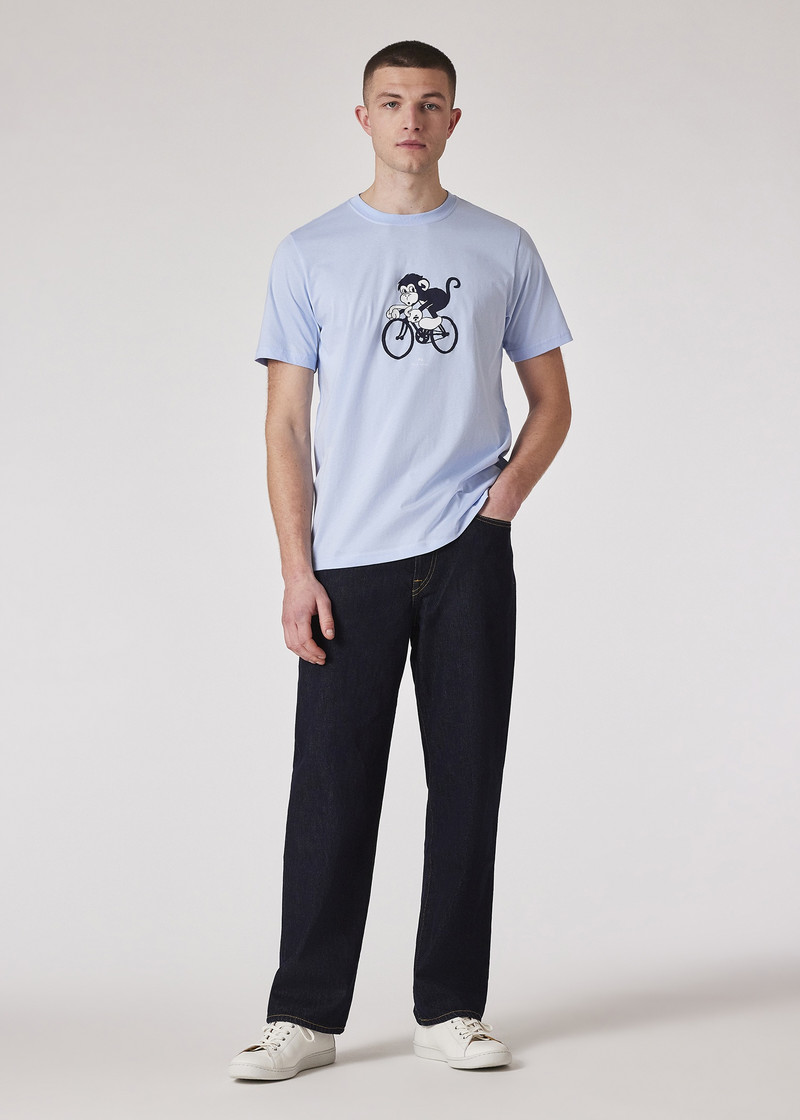 Powder Blue Cotton 'Cycling Monkey' Print T-Shirt 5