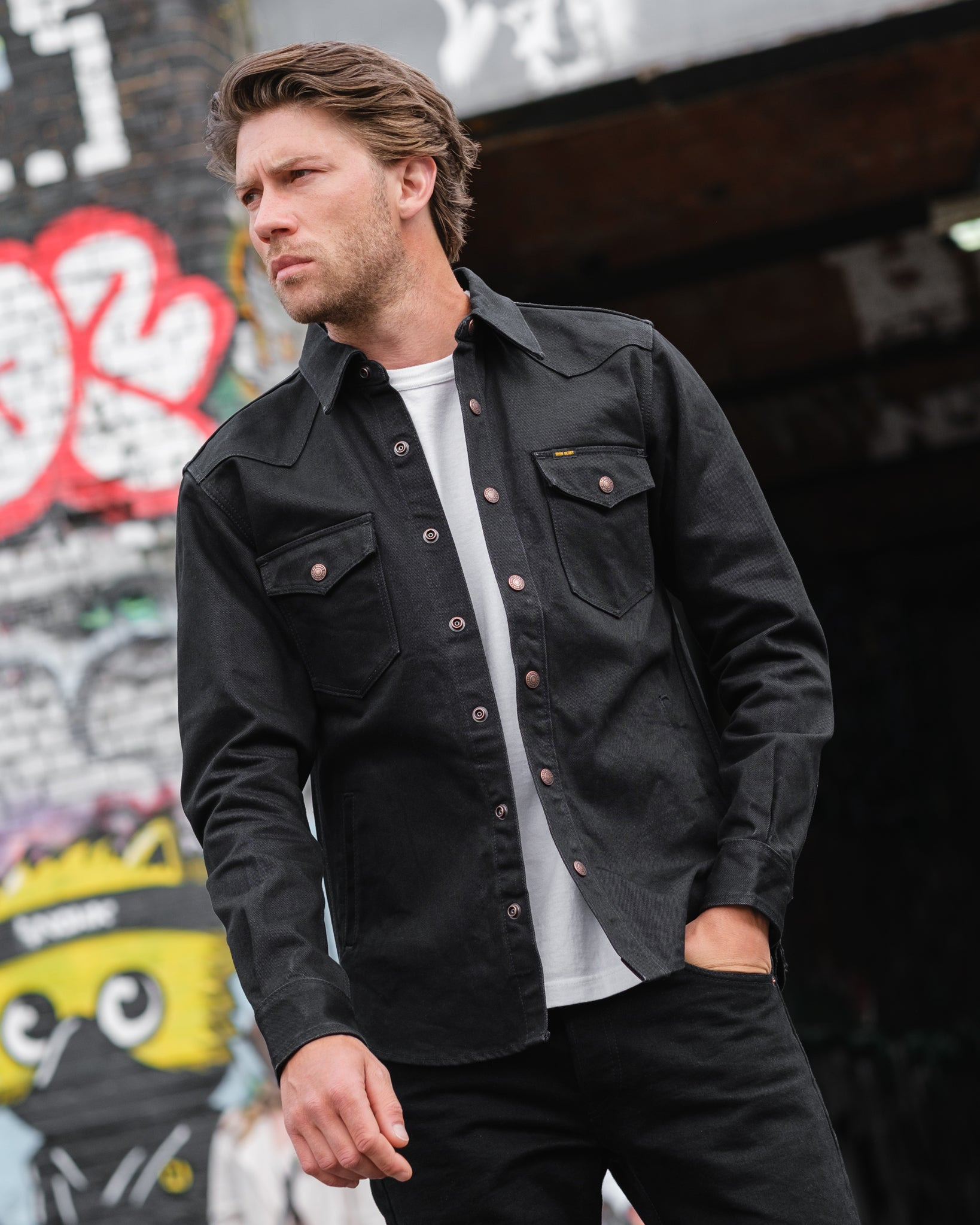 IHSH-362-BLK 16oz Non-Selvedge Denim CPO Shirt - Superblack (Fades To Grey) - 4