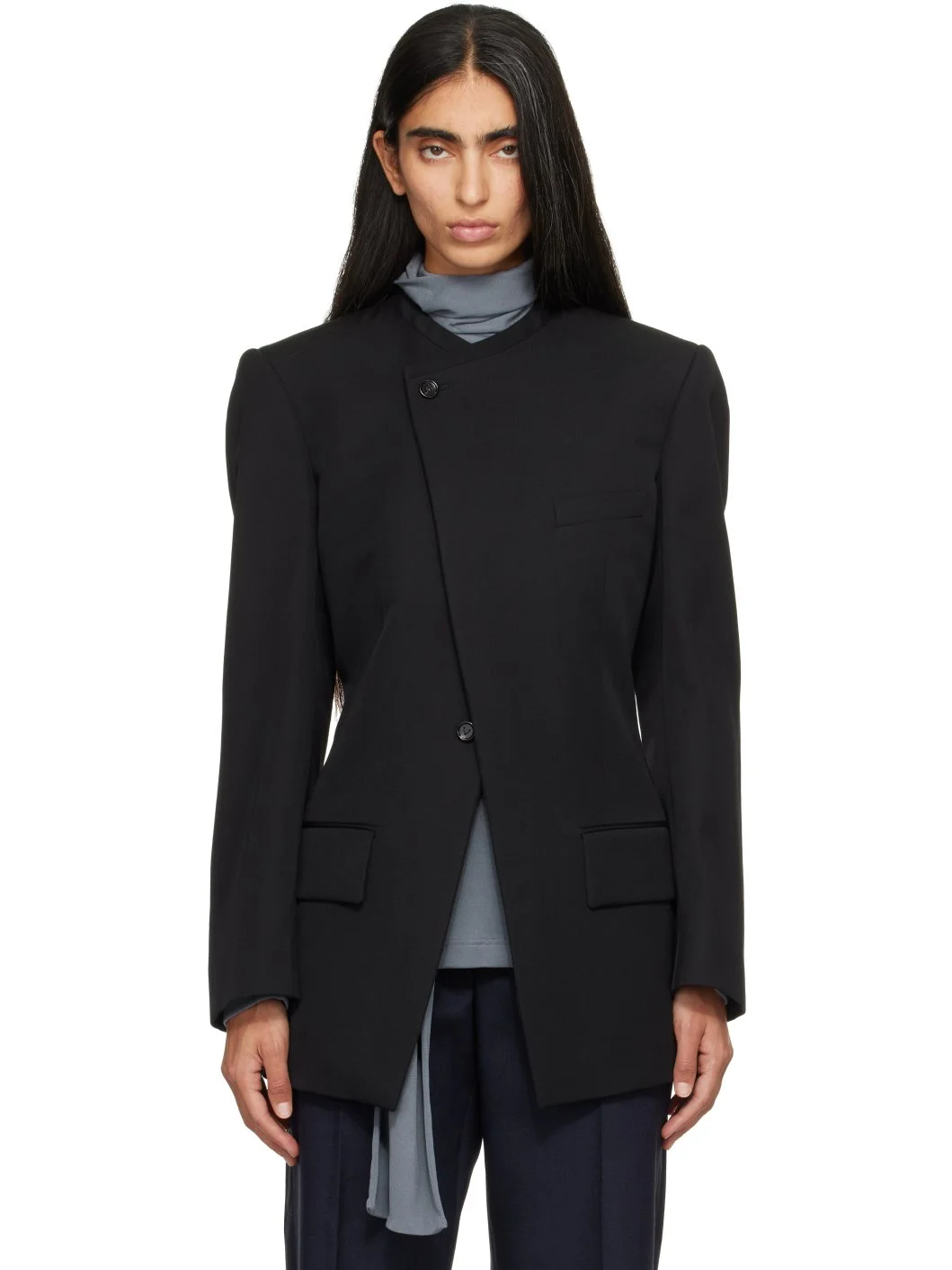 Black Wool Grain De Poudre Collarless Blazer - 1