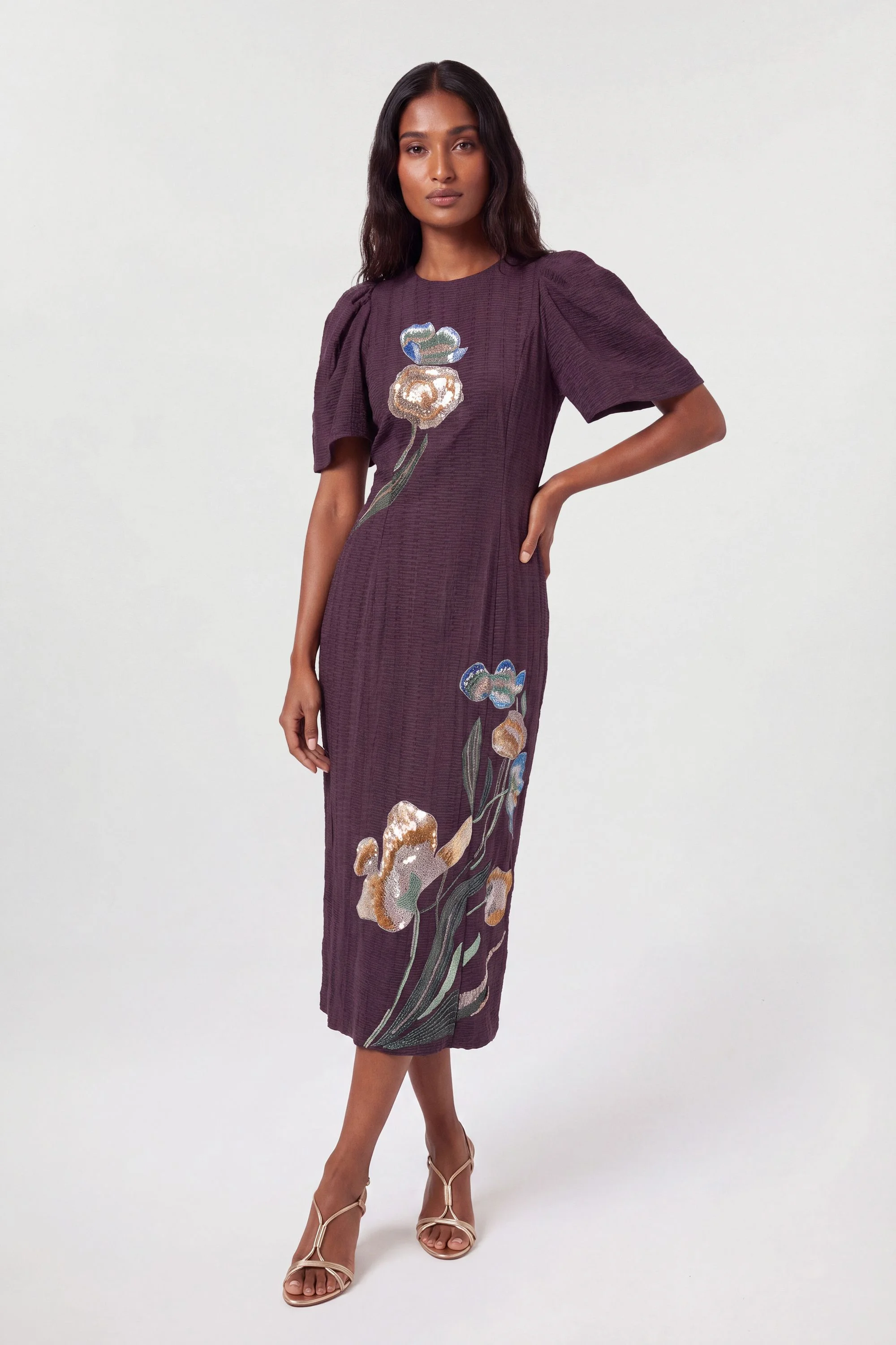 Puff Sleeve Hand-Embellished Column Midi Dress - 1