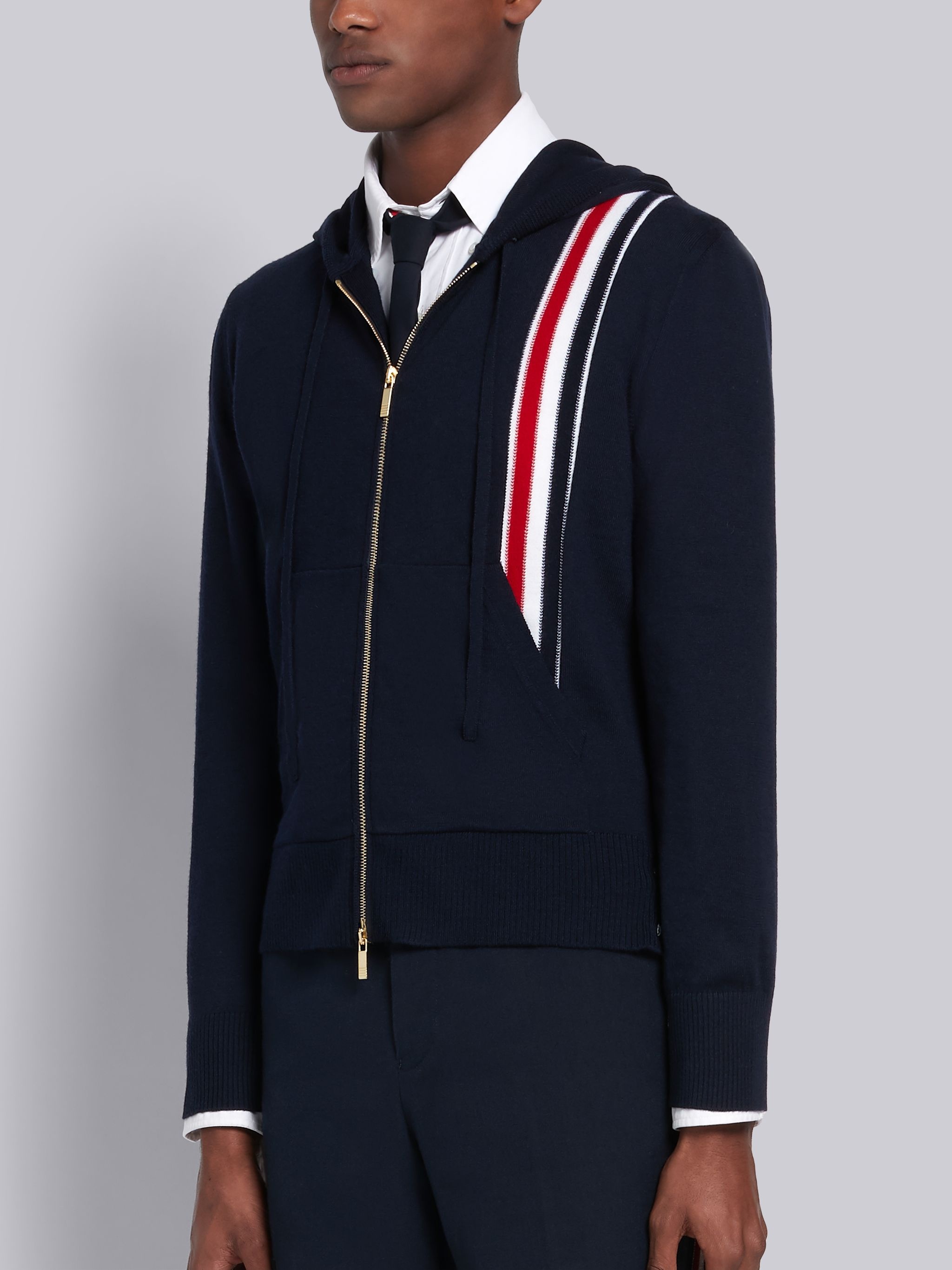 Navy Merino Wool Jersey Tricolor Intarsia Stripe Zip-up Hoodie - 2