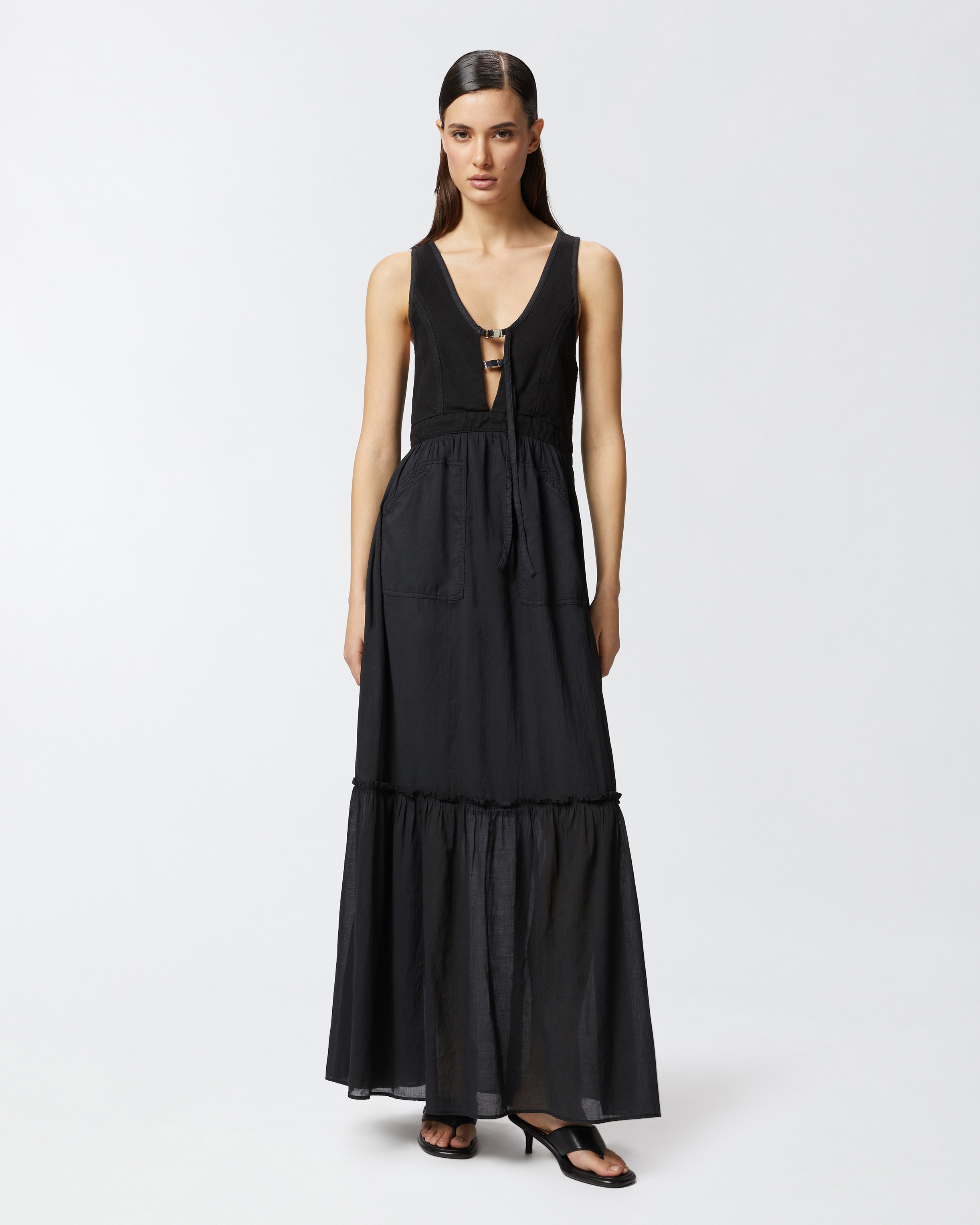 LONG SLEEVELESS COTTON DRESS WITH NECKLINE - 2