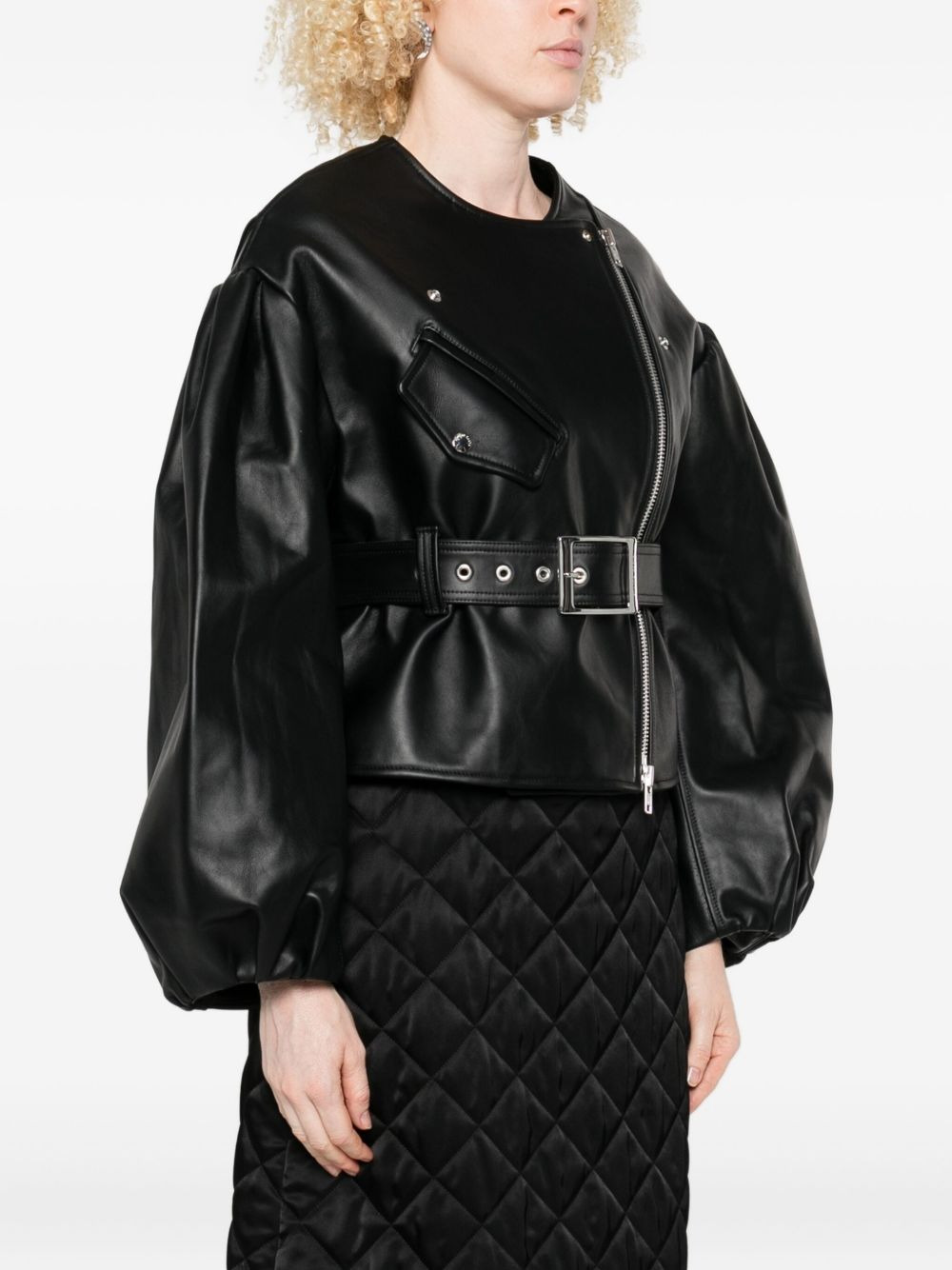 belted puff-sleeve leather jacket - 3