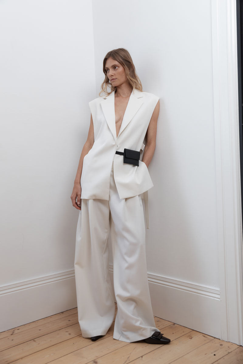 Twill Wide Leg Pleat Pants - Off White - 6