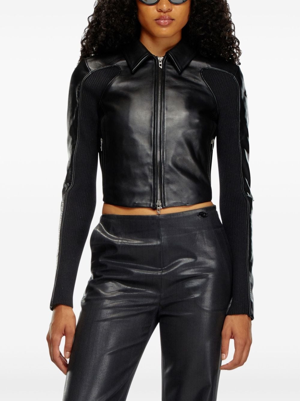 panelled leather jacket - 3