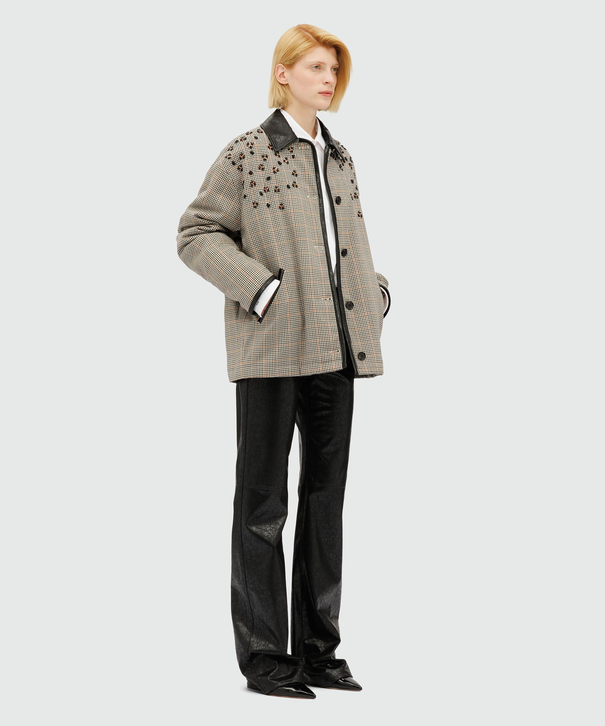 Ivory micro-check jacket with floral embroidery - 4