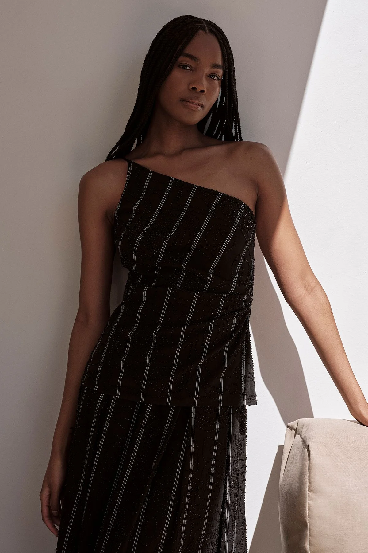 Textured Pinstripe Asymmetric Neck Tailored Top - 1