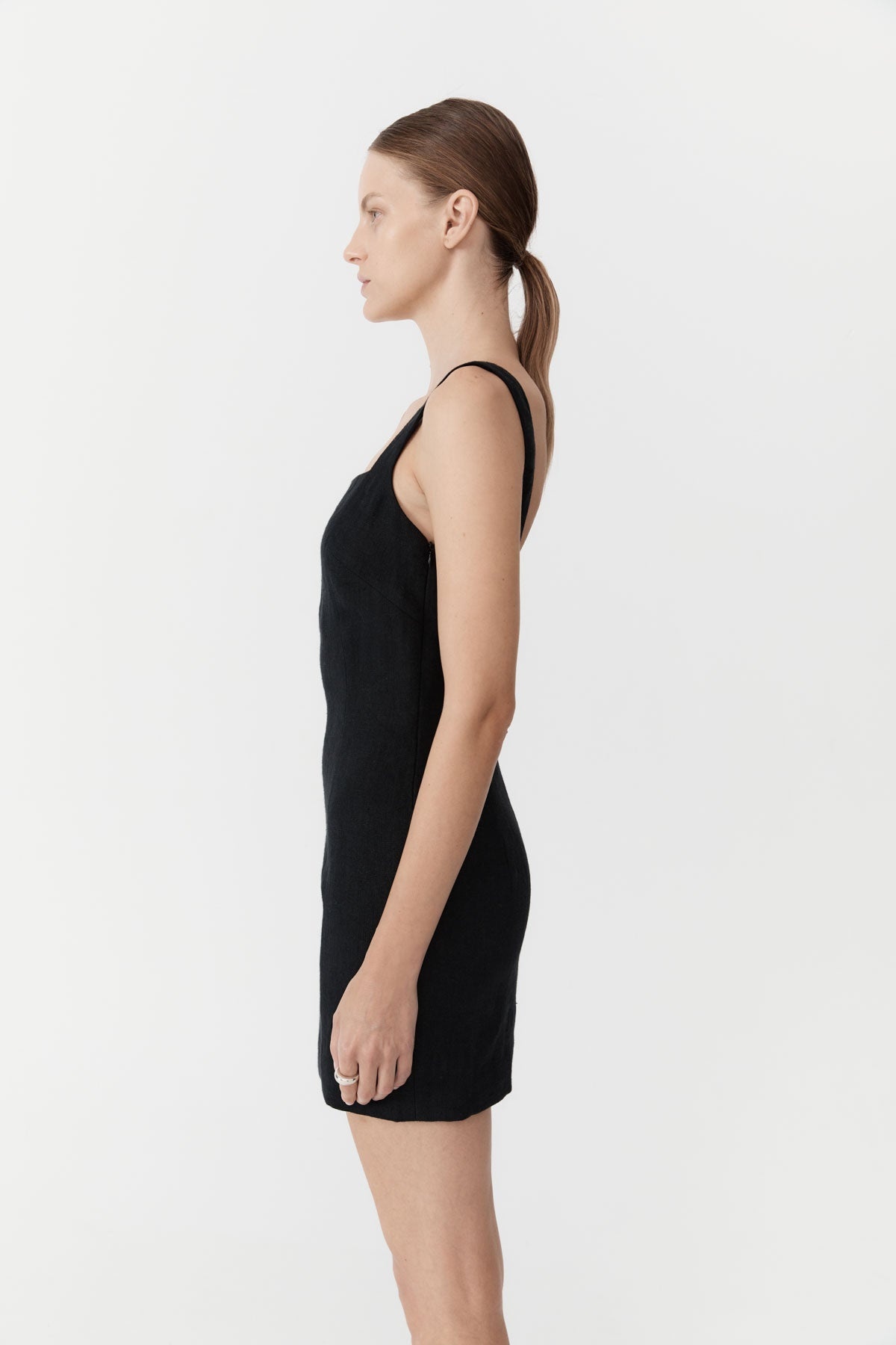 Linen Square Neck Mini Dress - Black - 4