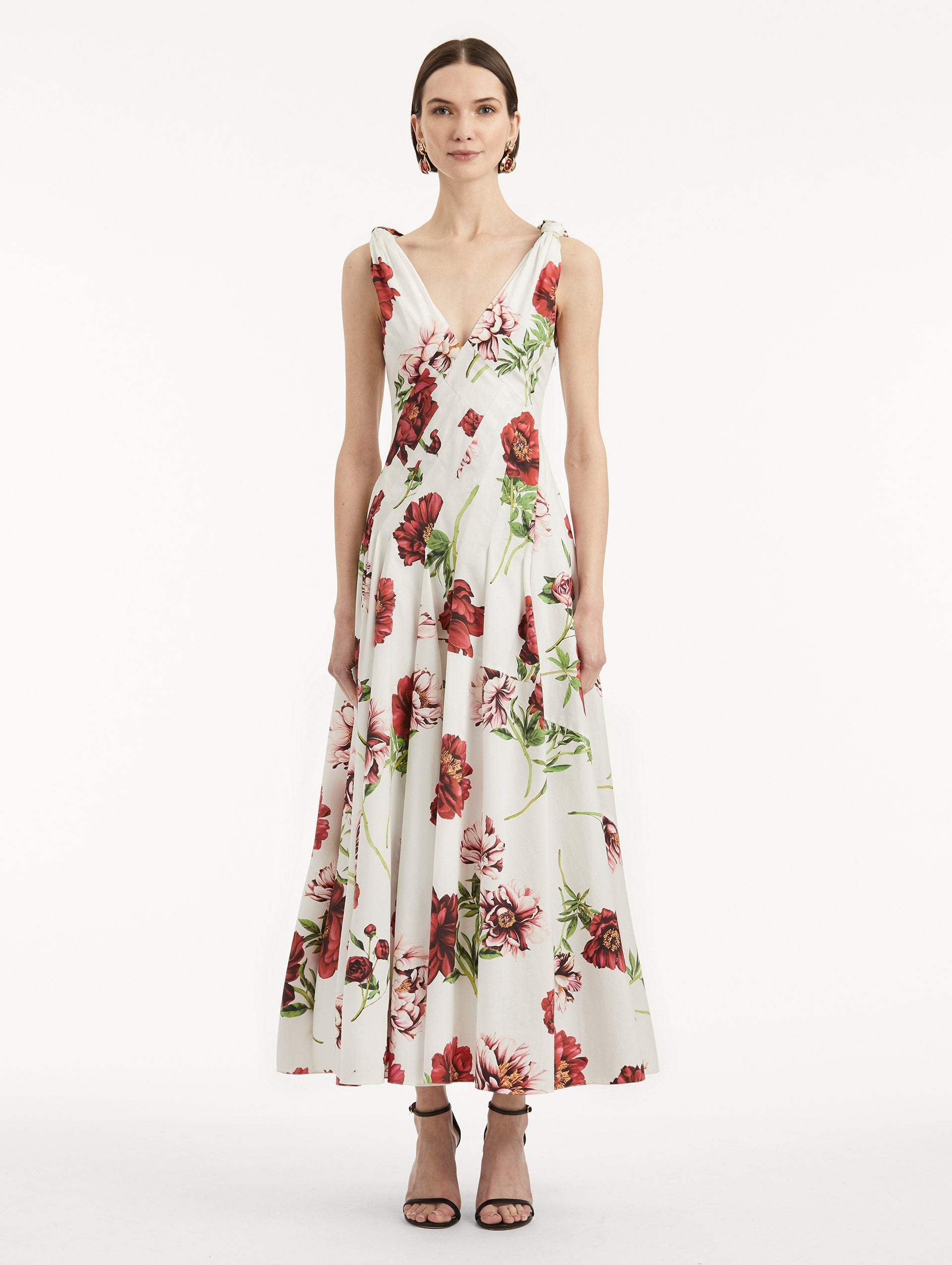 PEONY COTTON POPLIN V-NECK DRESS - 2