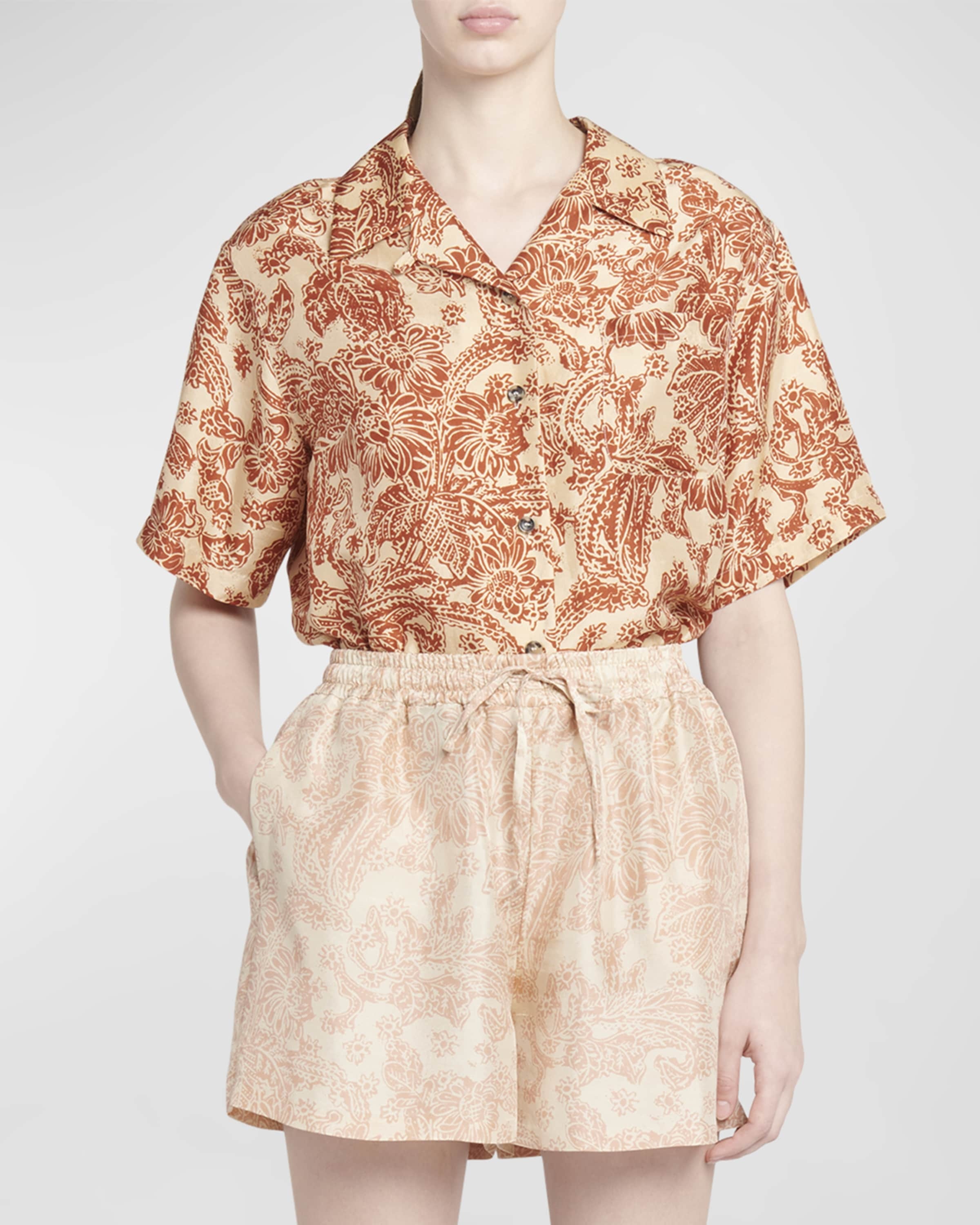 Isoble Woodblock Botanic-Print Silk Short-Sleeve Shirt - 2