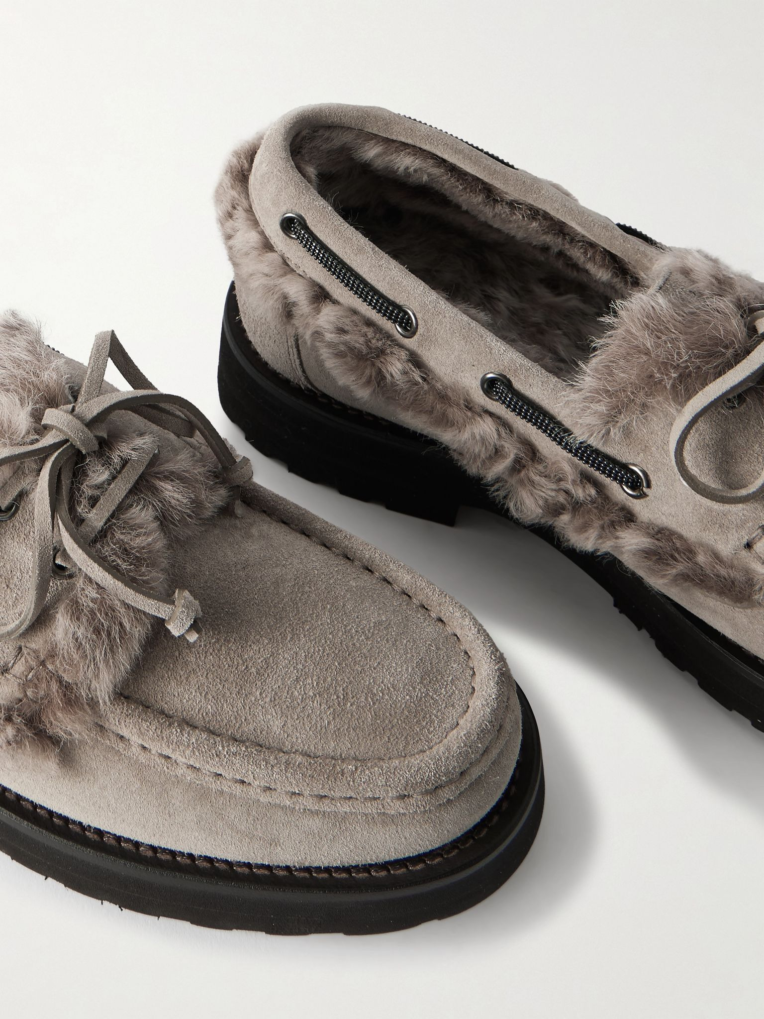 Bead-embellished shearling-trimmed suede loafers Light gray - 4