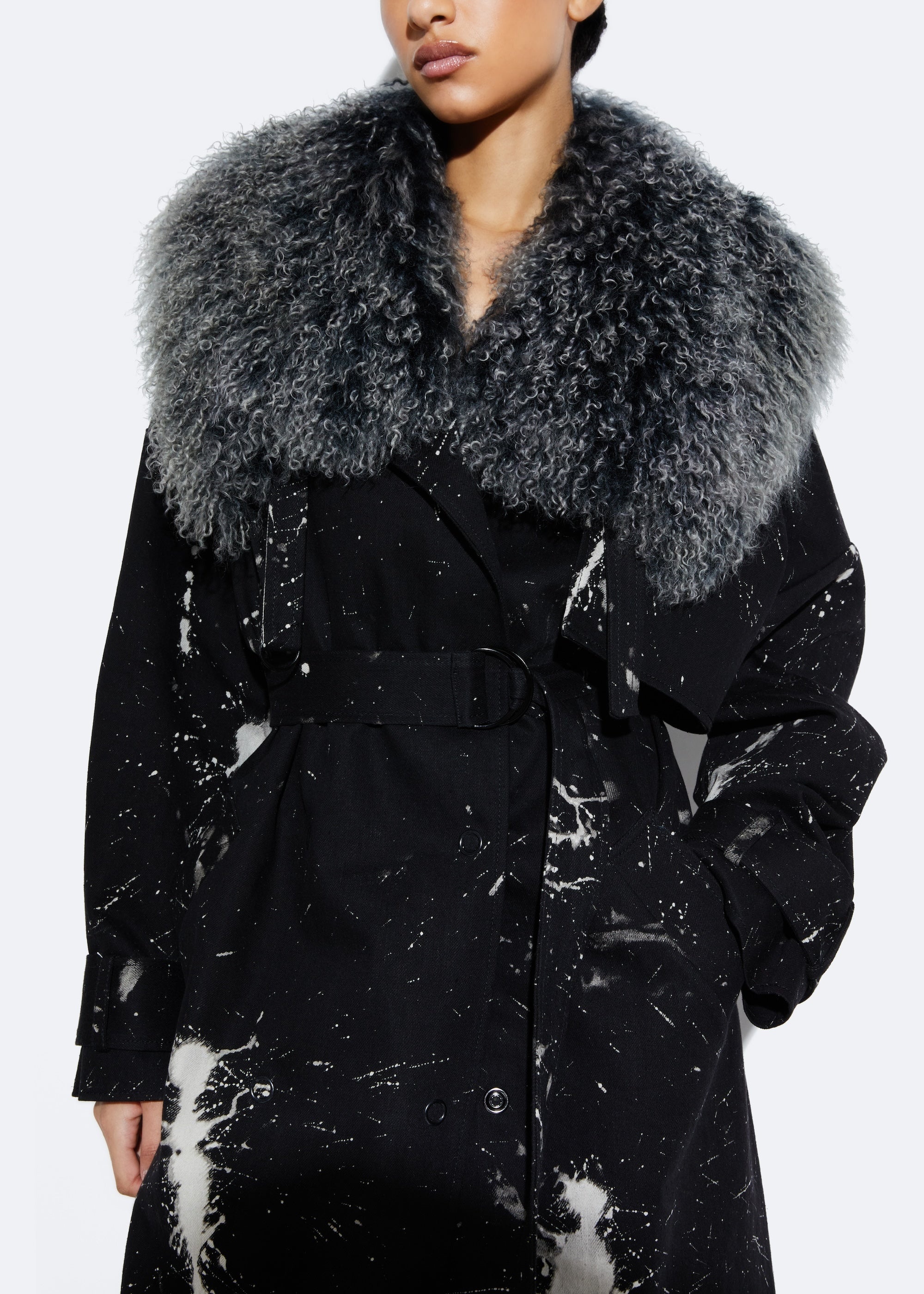 Bleached Denim Double Breasted Trench With Mongolian - 4