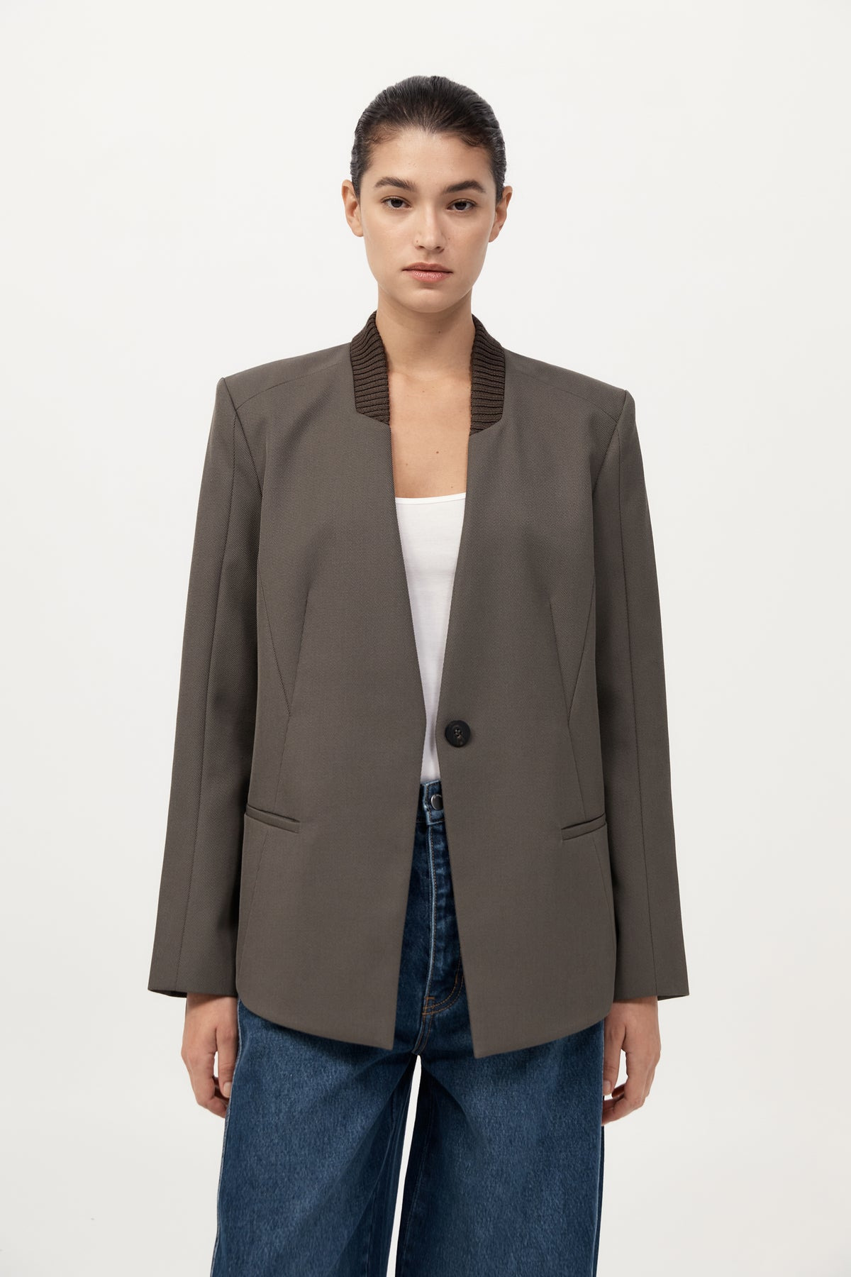 Rib Collar Blazer - Khaki - 2