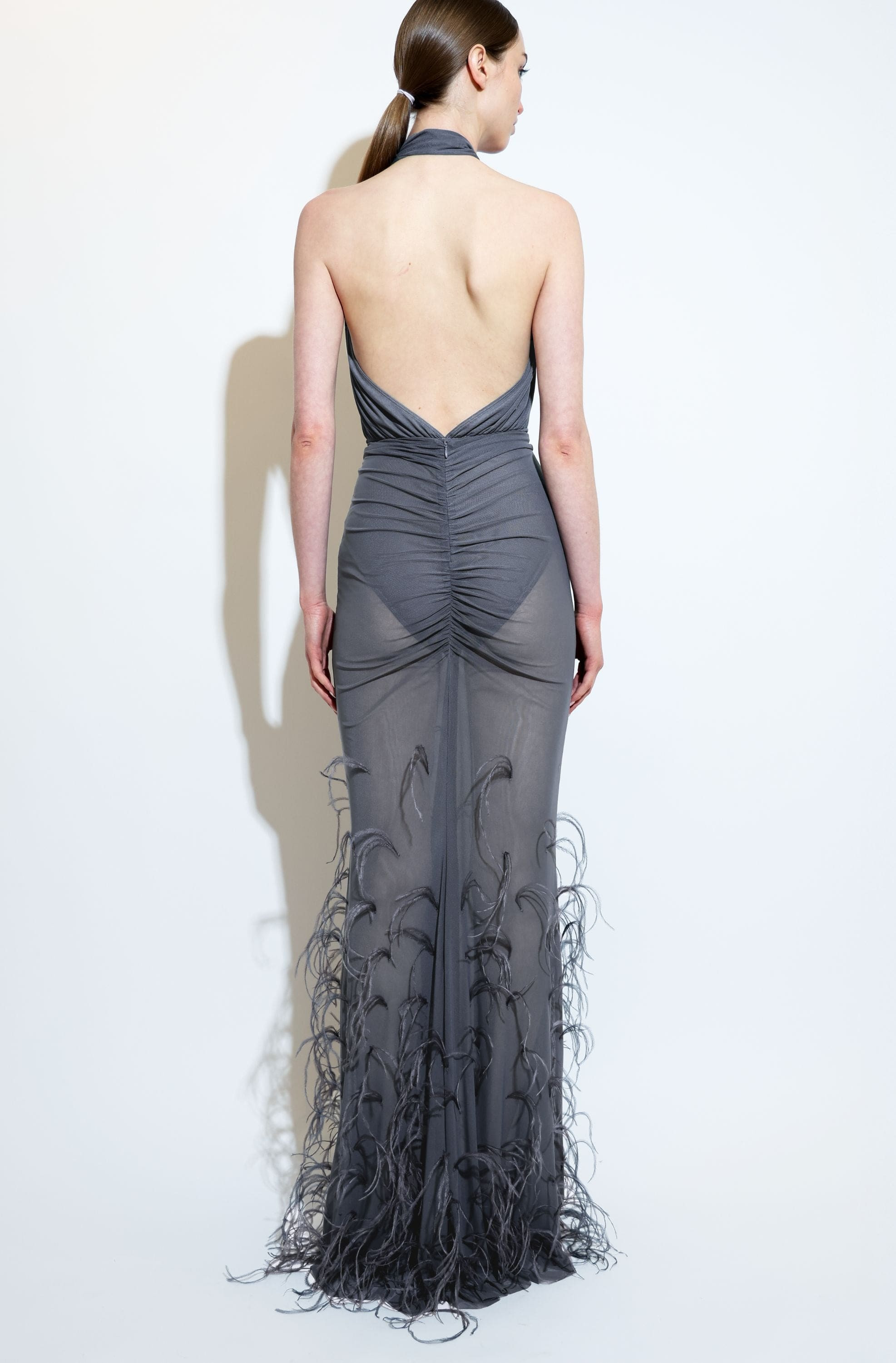 Mesh Ruched Maxi Skirt With Feathers - 3