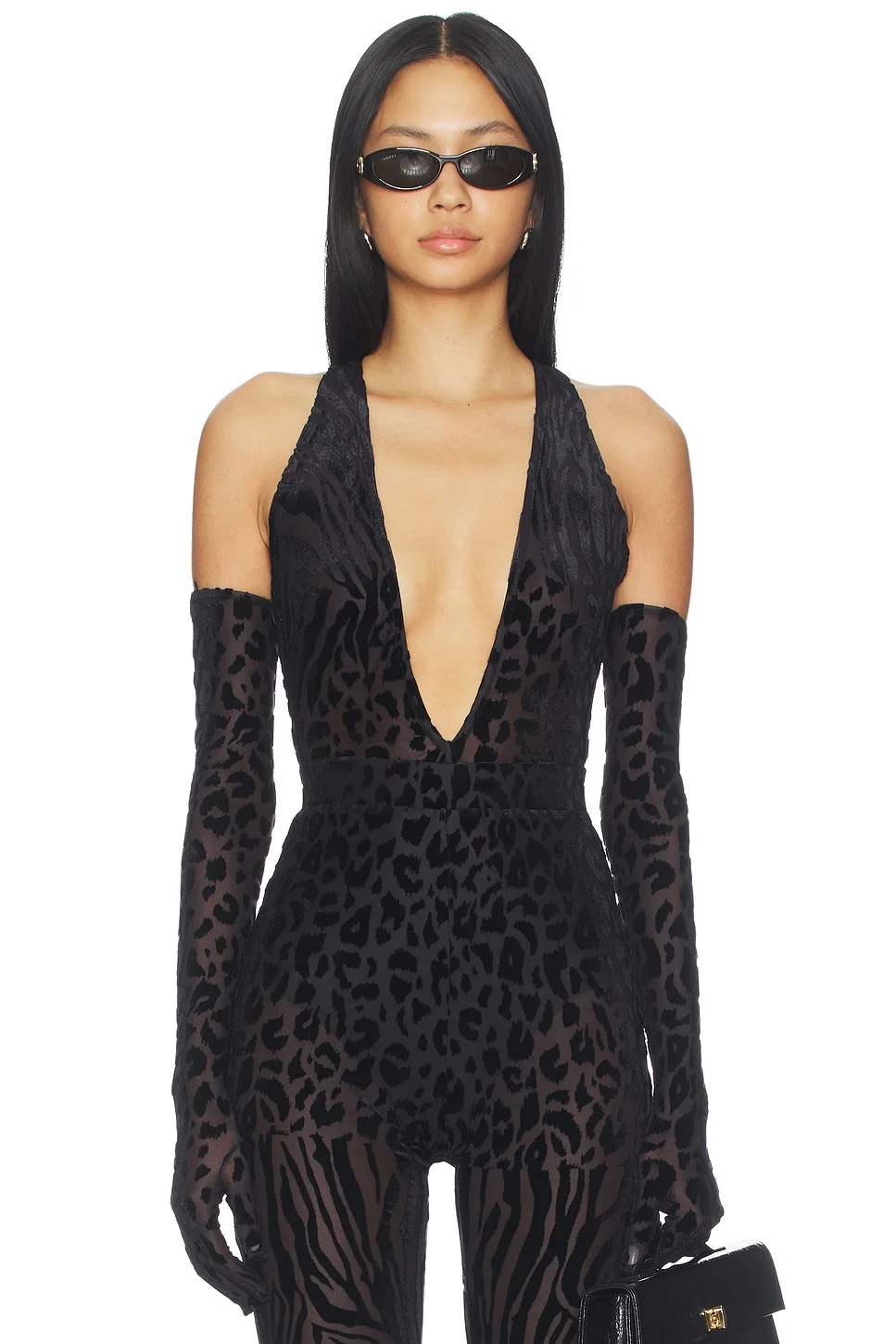 Animal Print Burnout Bodysuit With Gloves - 1