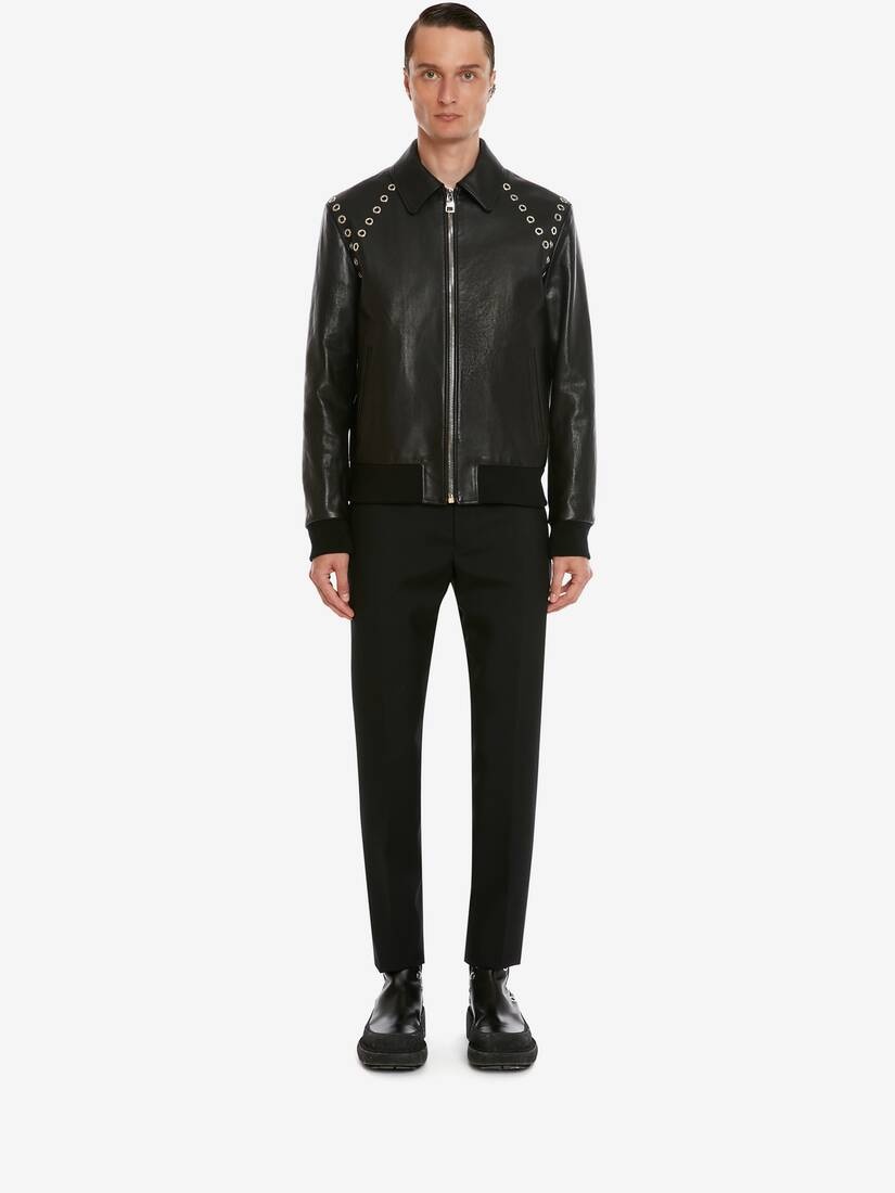 Men's Eyelets Leather Jacket in Black - 2