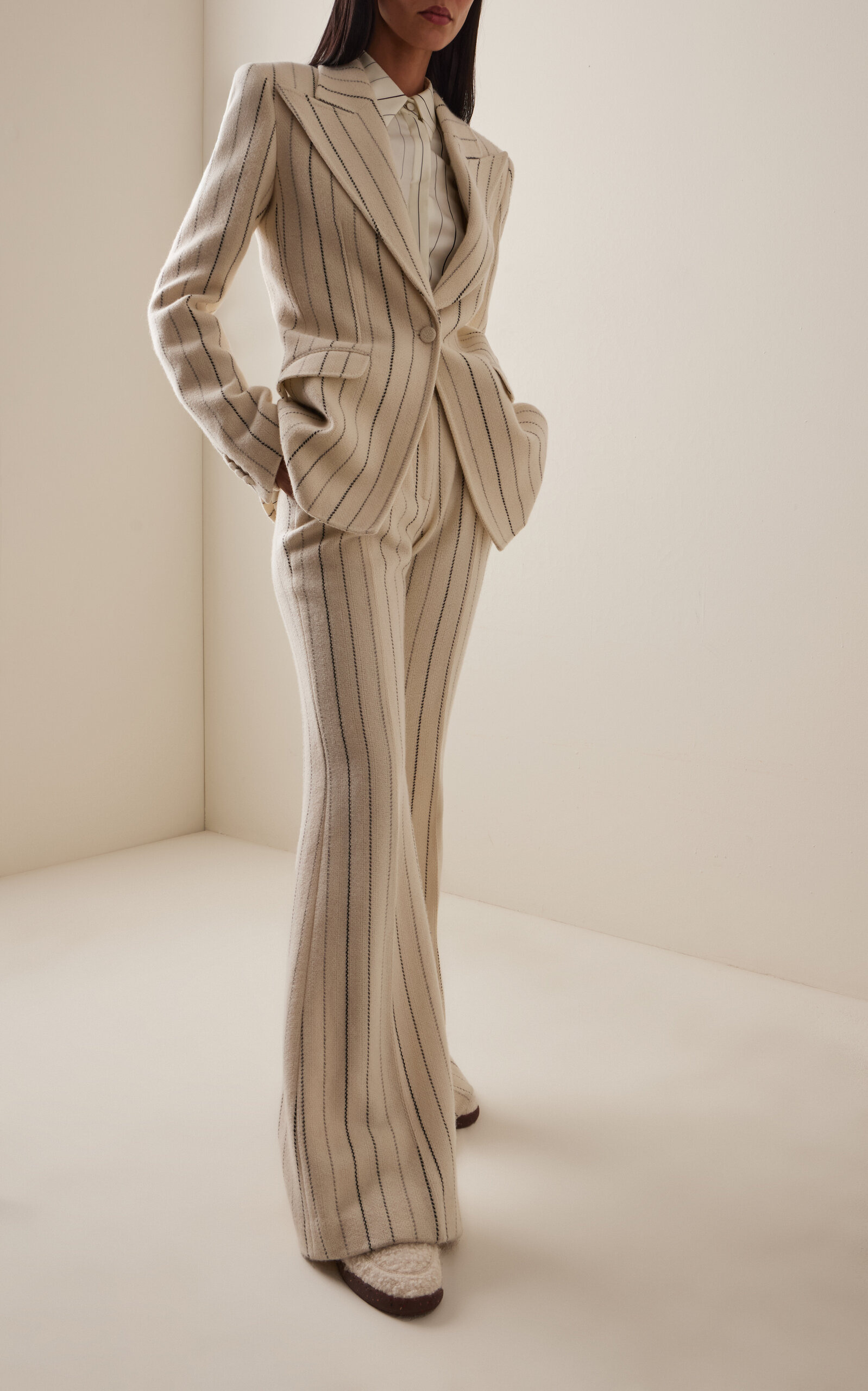 Rhein Striped Wool-Cashmere Flared Pants ivory - 2