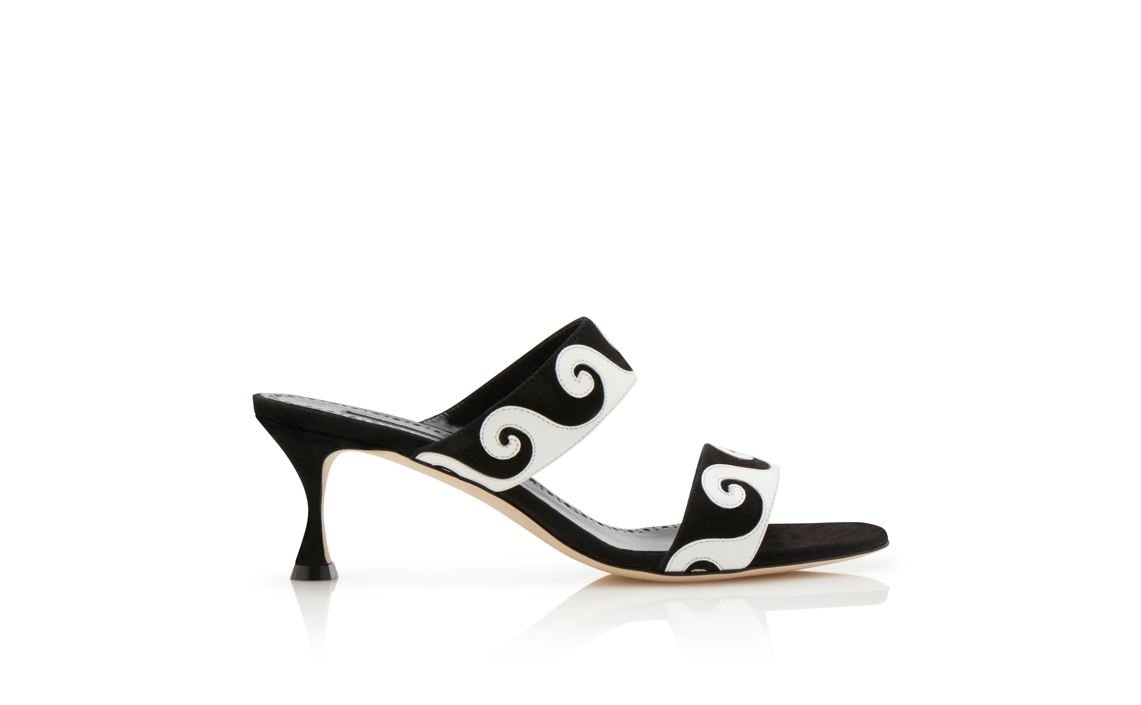 Black and White Suede Swirl Detail Mules - 1