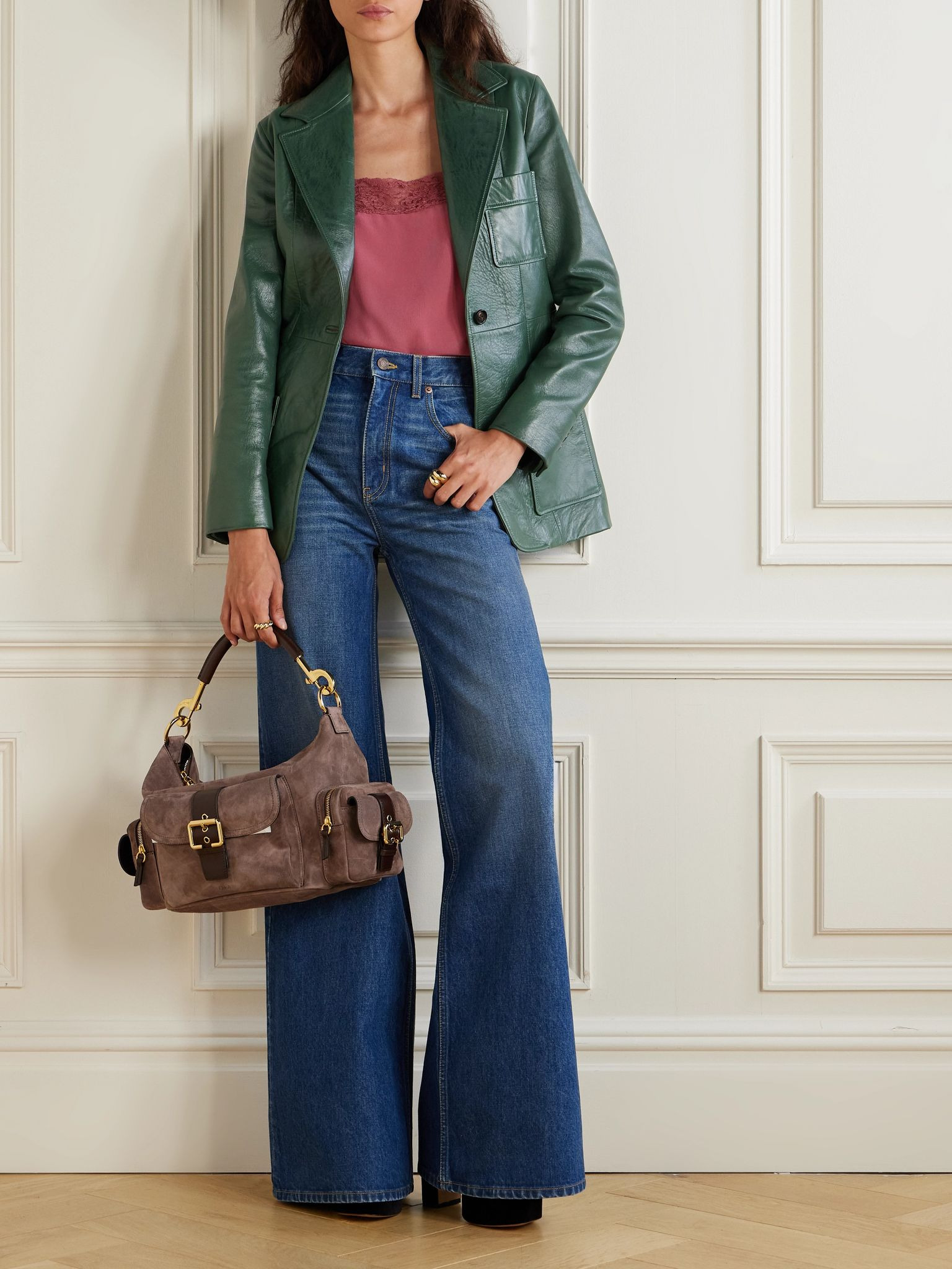 Paneled leather jacket Leaf green - 2