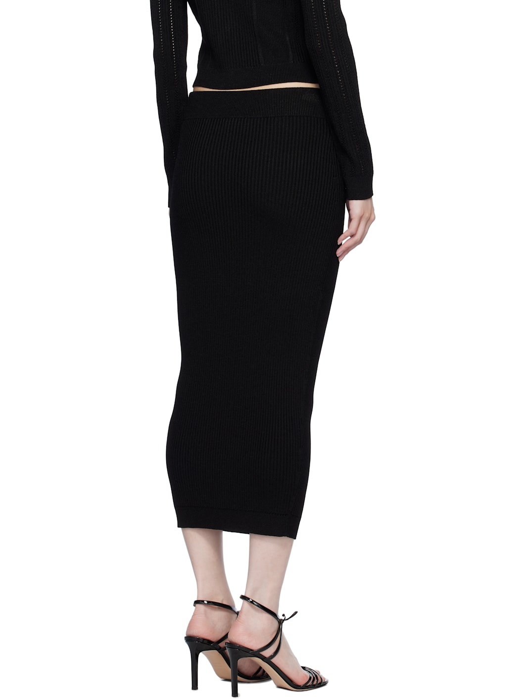 Black Plain Ribbed Knit Midi Skirt - 3