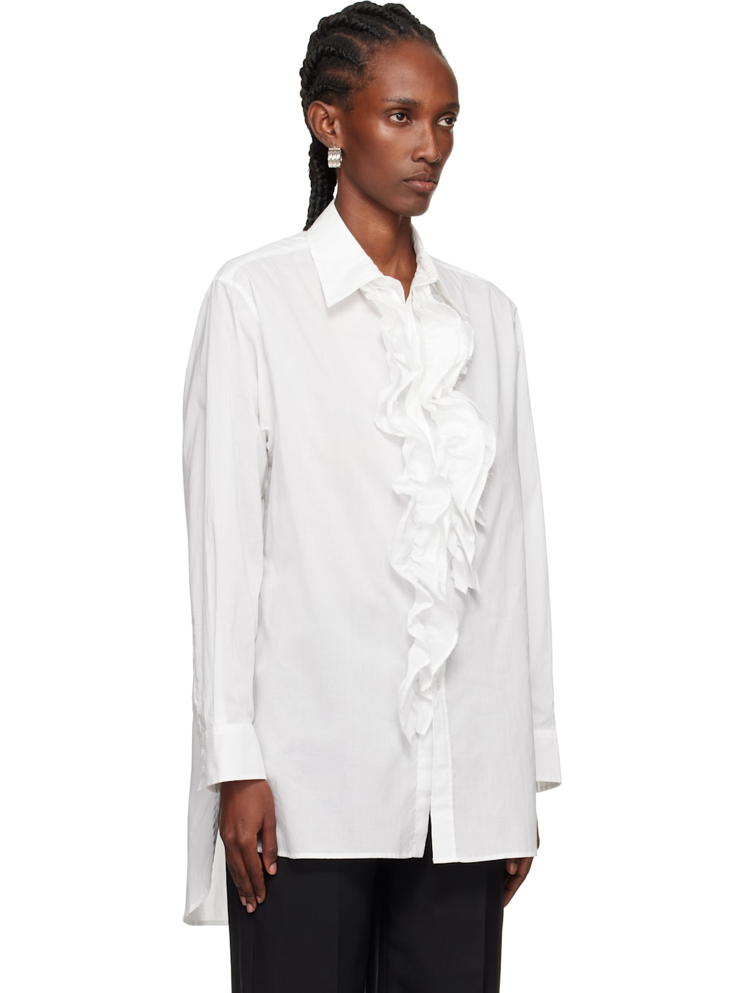 White Cotton Lawn Untrimmed Frill Shirt - 2