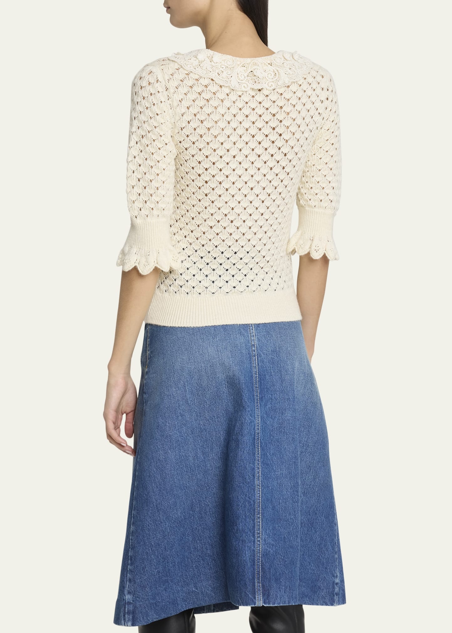 Lace-Collar Open Knit Polo Top - 3