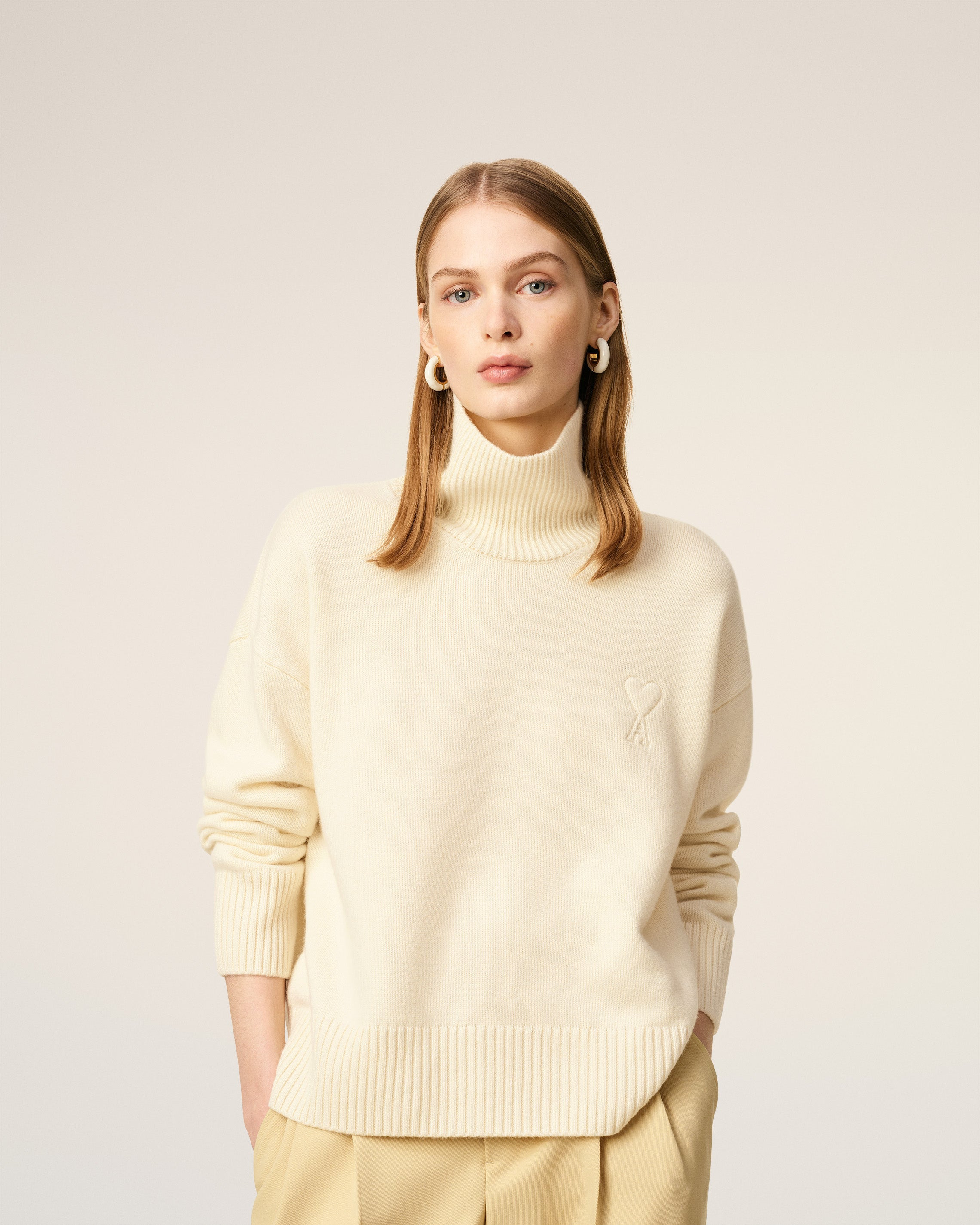 WHITE WOOL AMI DE COEUR FUNNEL NECK SWEATER - 3