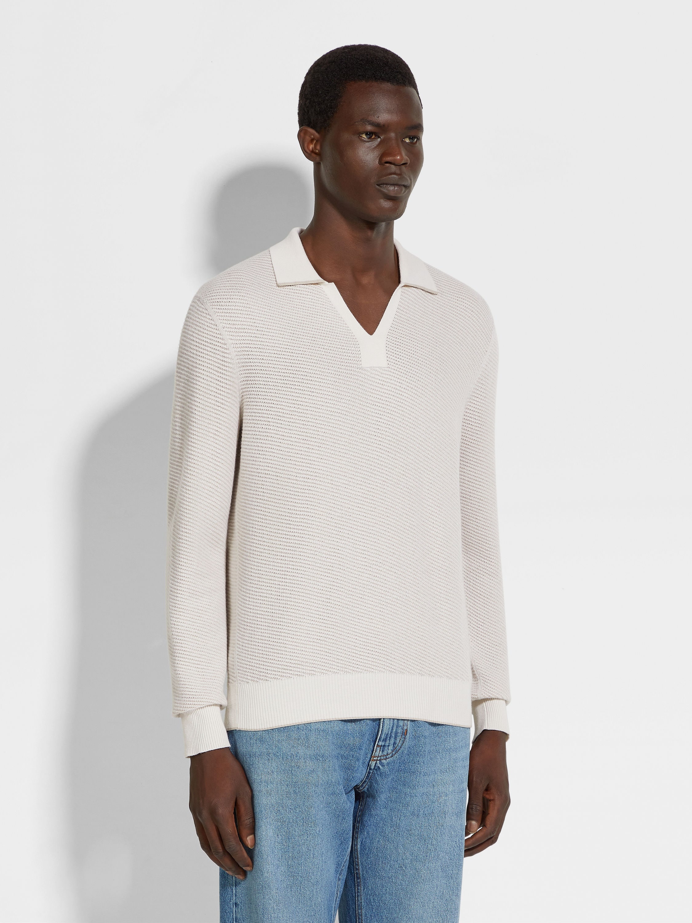 WHITE SILK AND CASHMERE POLO SHIRT - 4