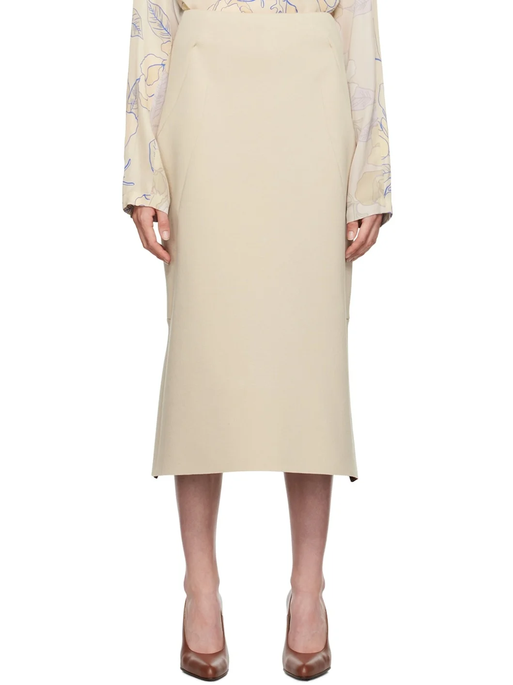 Beige Neoprene Midi Skirt - 1