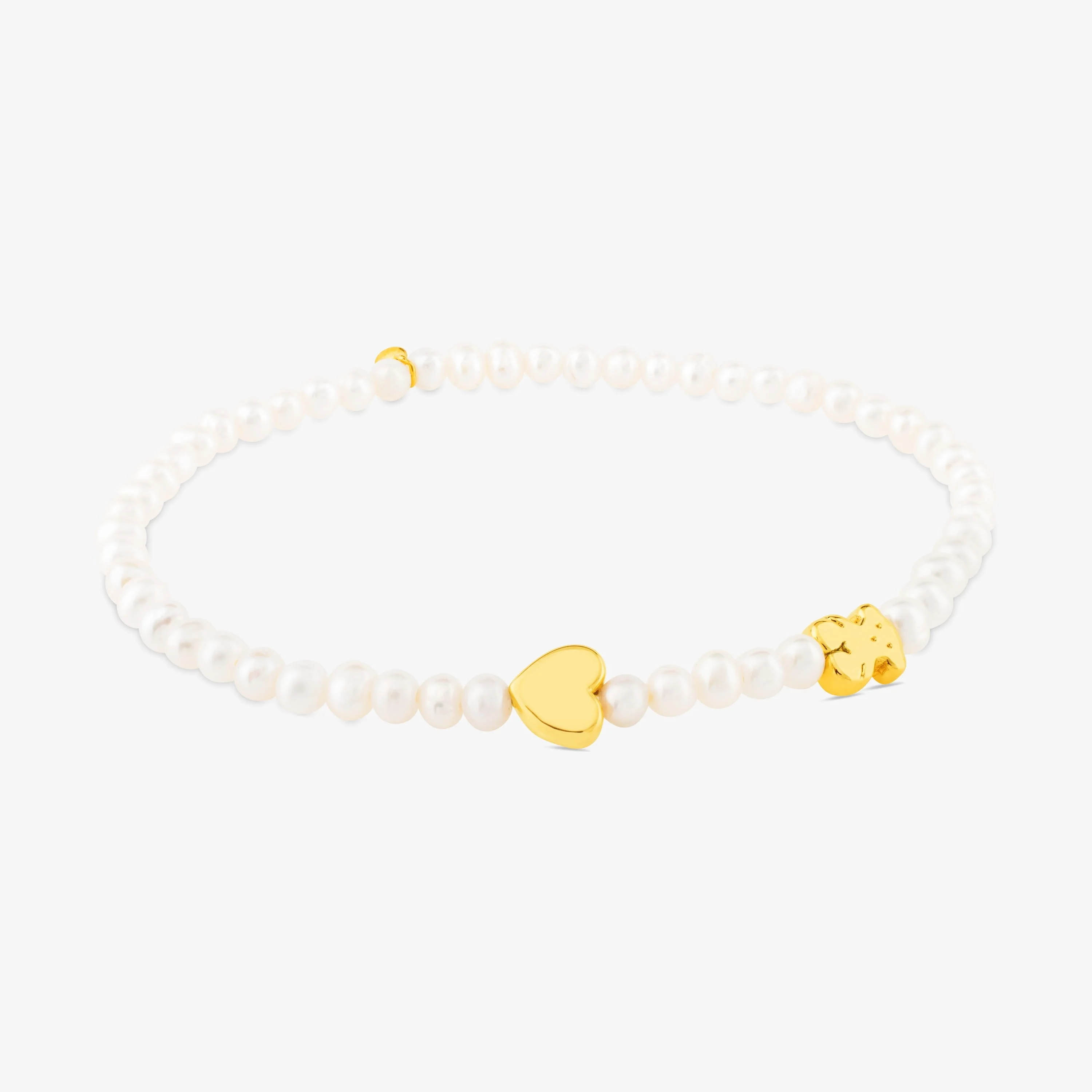 18K solid gold Sweet Dolls XXS Bracelet with Pearls. Bear and Heart motifs. - 1