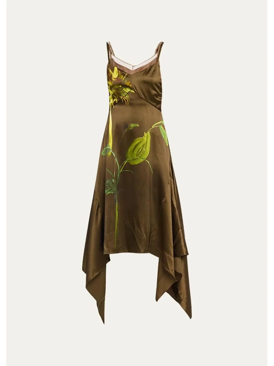 Deconstructed Sunflower Printed Silk Midi Dress - 1