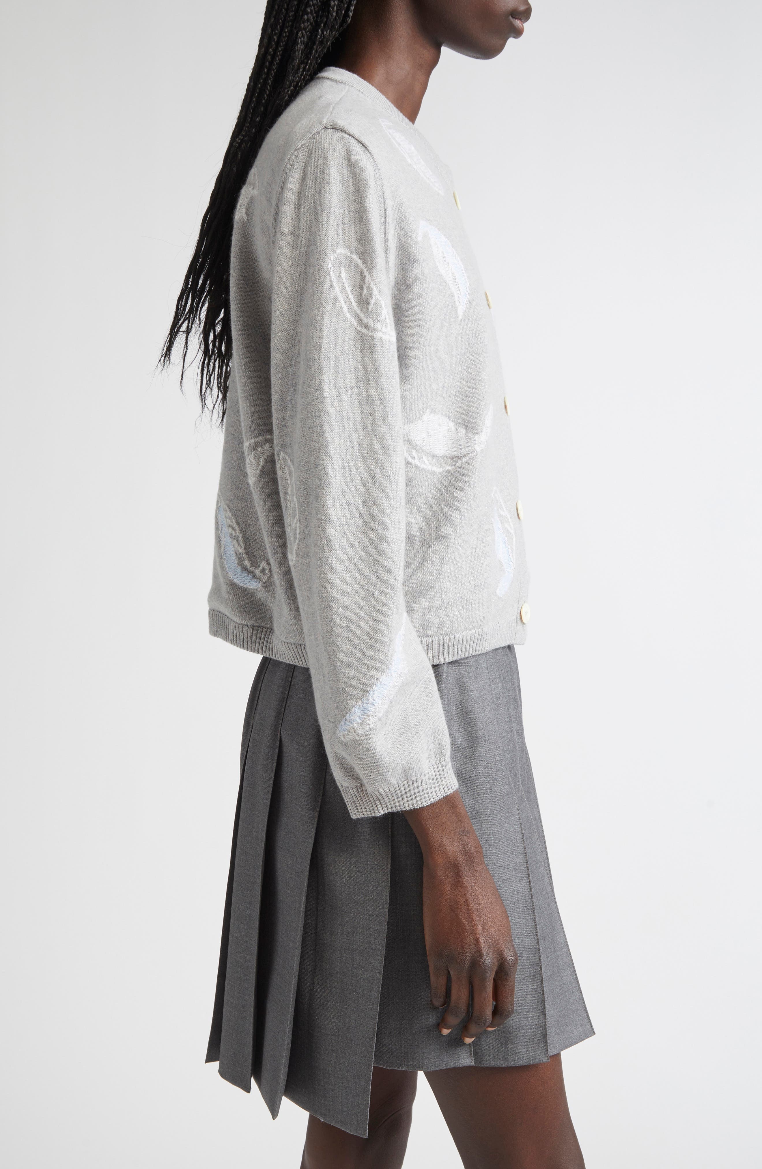 Thom Browne Feather Intarsia Cashmere Cardigan in Pale Grey at Nordstrom - 4
