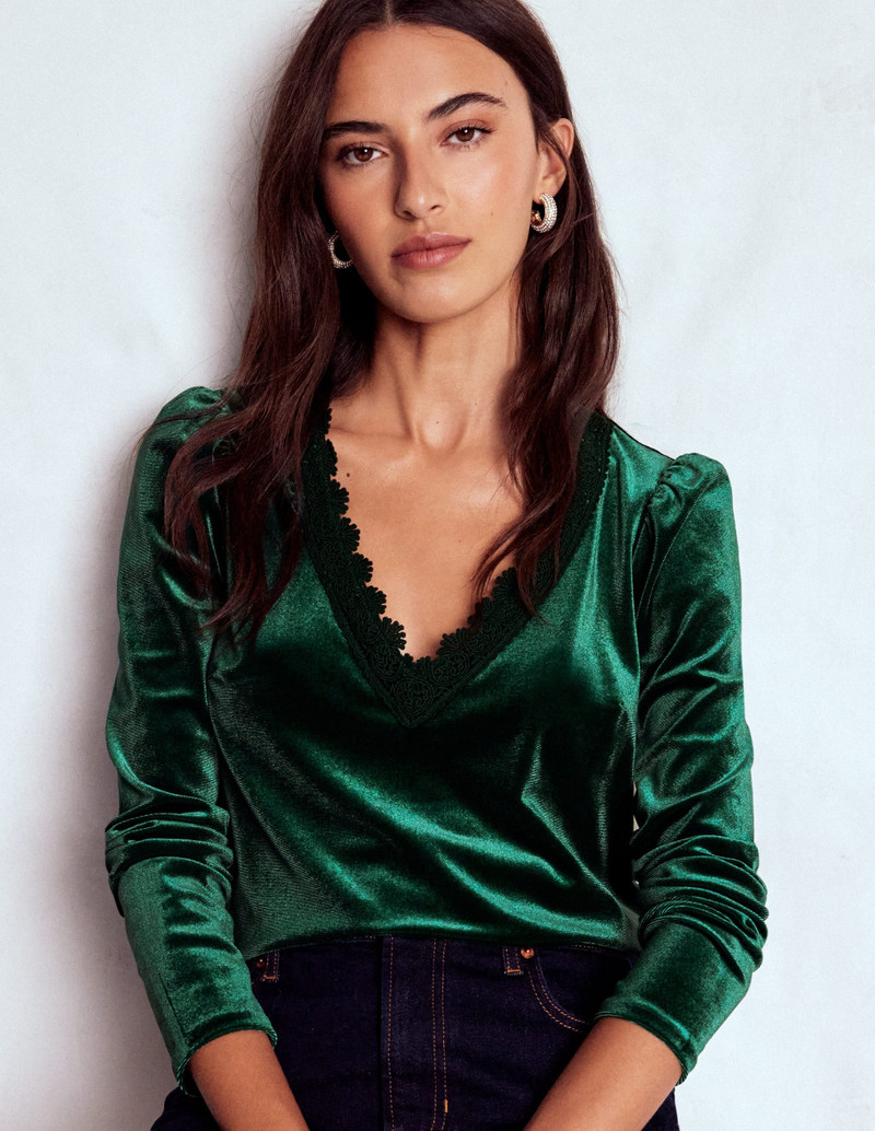 Flora V-Neck Velvet Top-Emerald Night 5