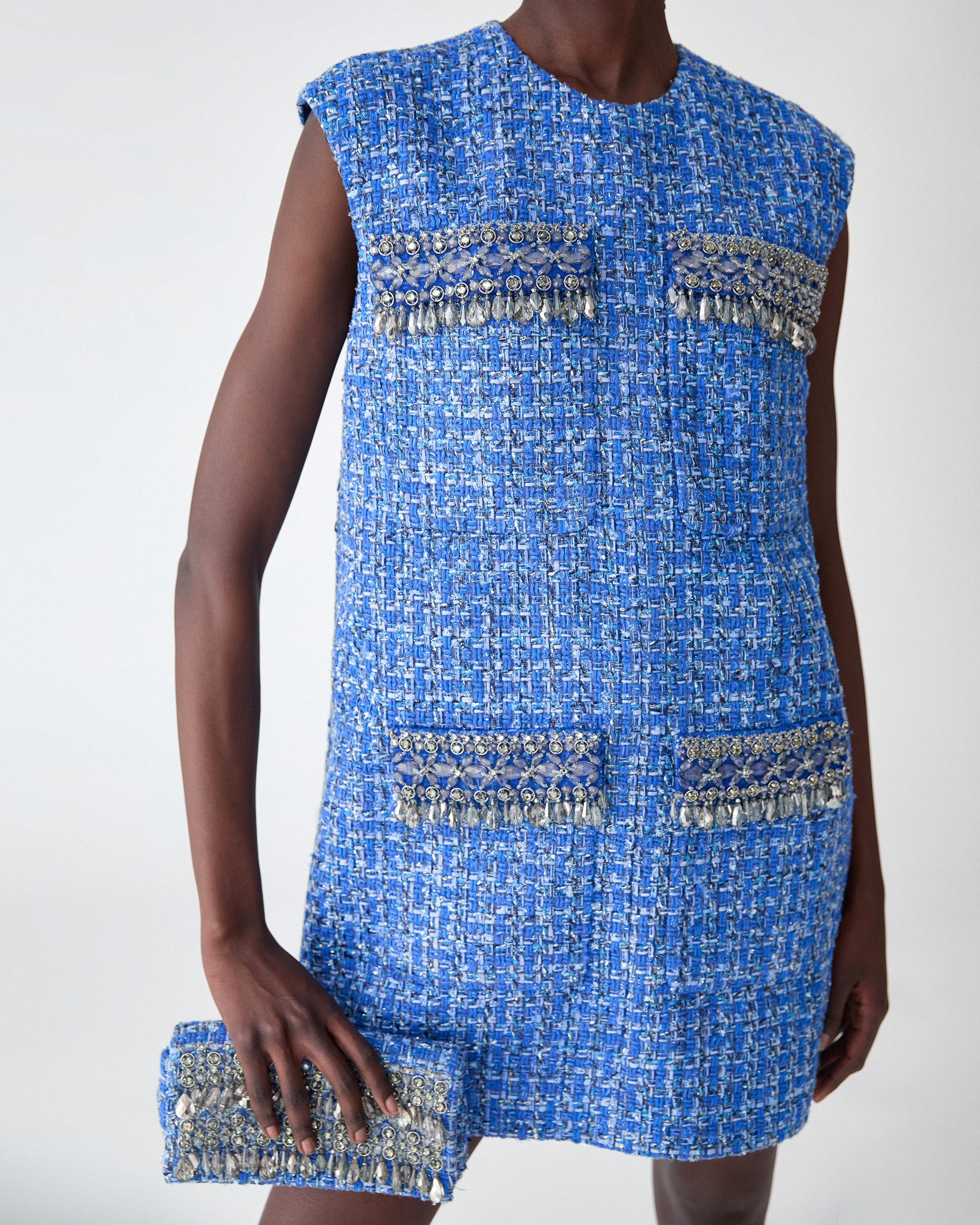 Tweed Shift Dress with Raindrop Embroidery - 4