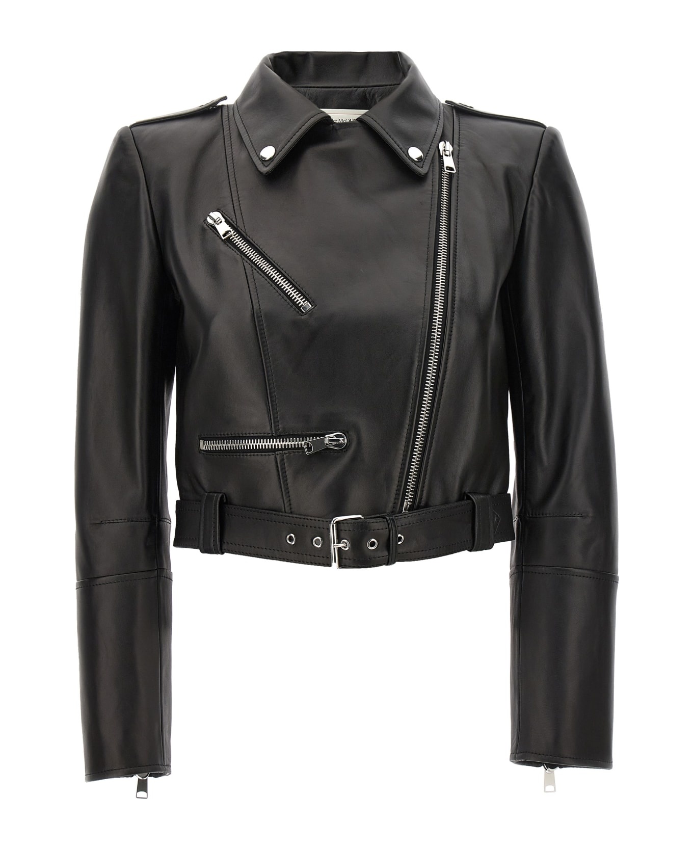 Cropped Biker Jacket With Matching Belt In Smooth Leather - 2