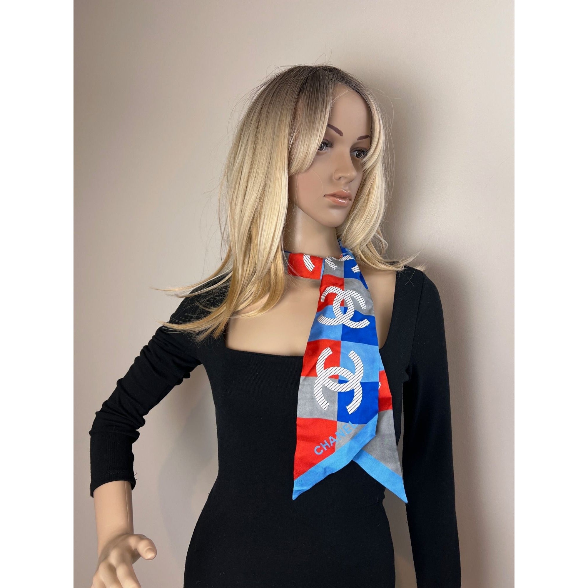 CHANEL Chanel Silk Twill CC Logo Slim Bandeau Scarf Navy 