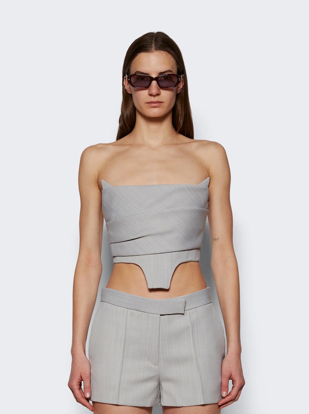 Strapless Longline Corset Top In Wool Suiting Dove Grey - 3